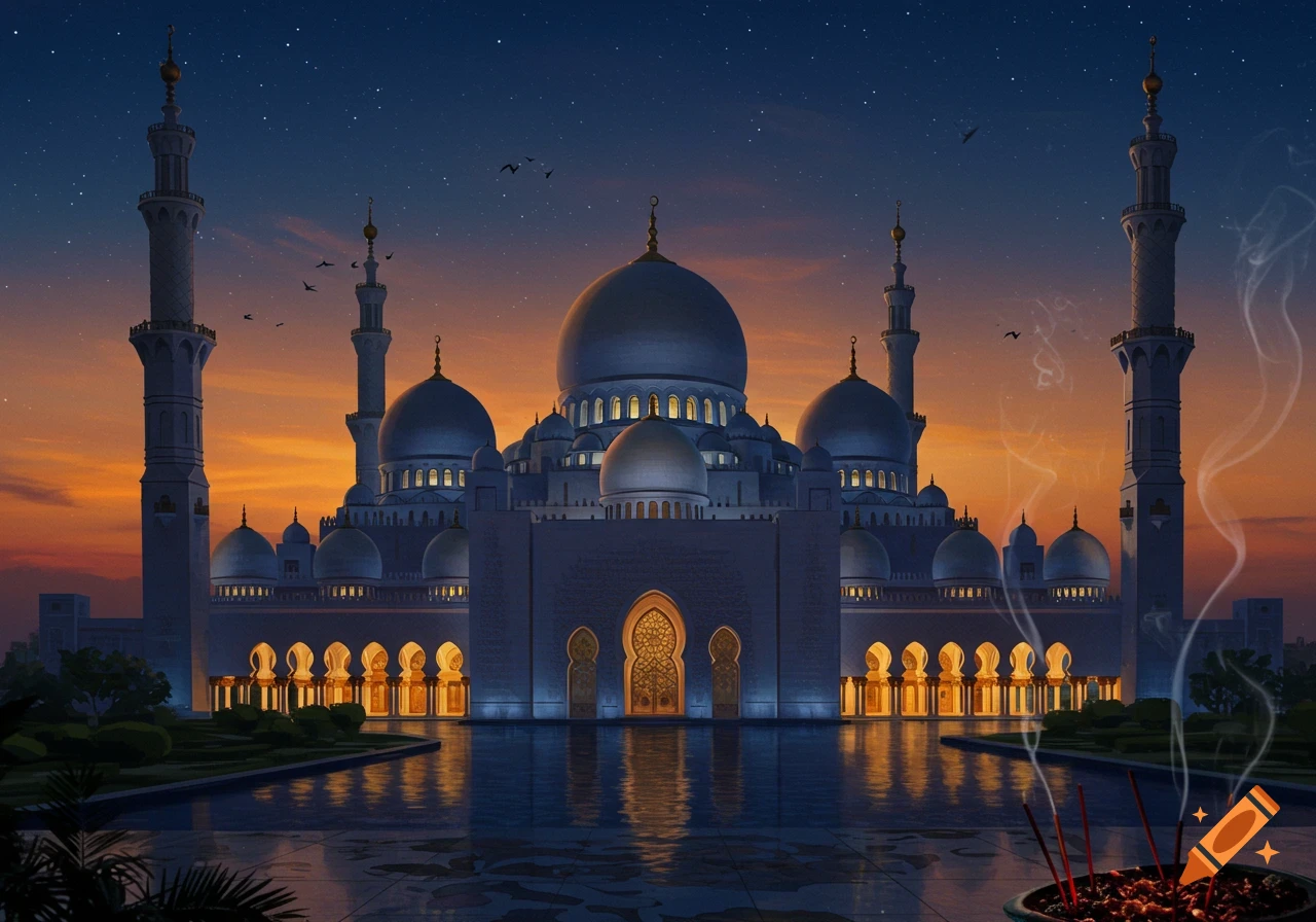 An illuminated grand mosque with multiple domes and minarets, reflecting in water at twilight with a starry, orange sky.