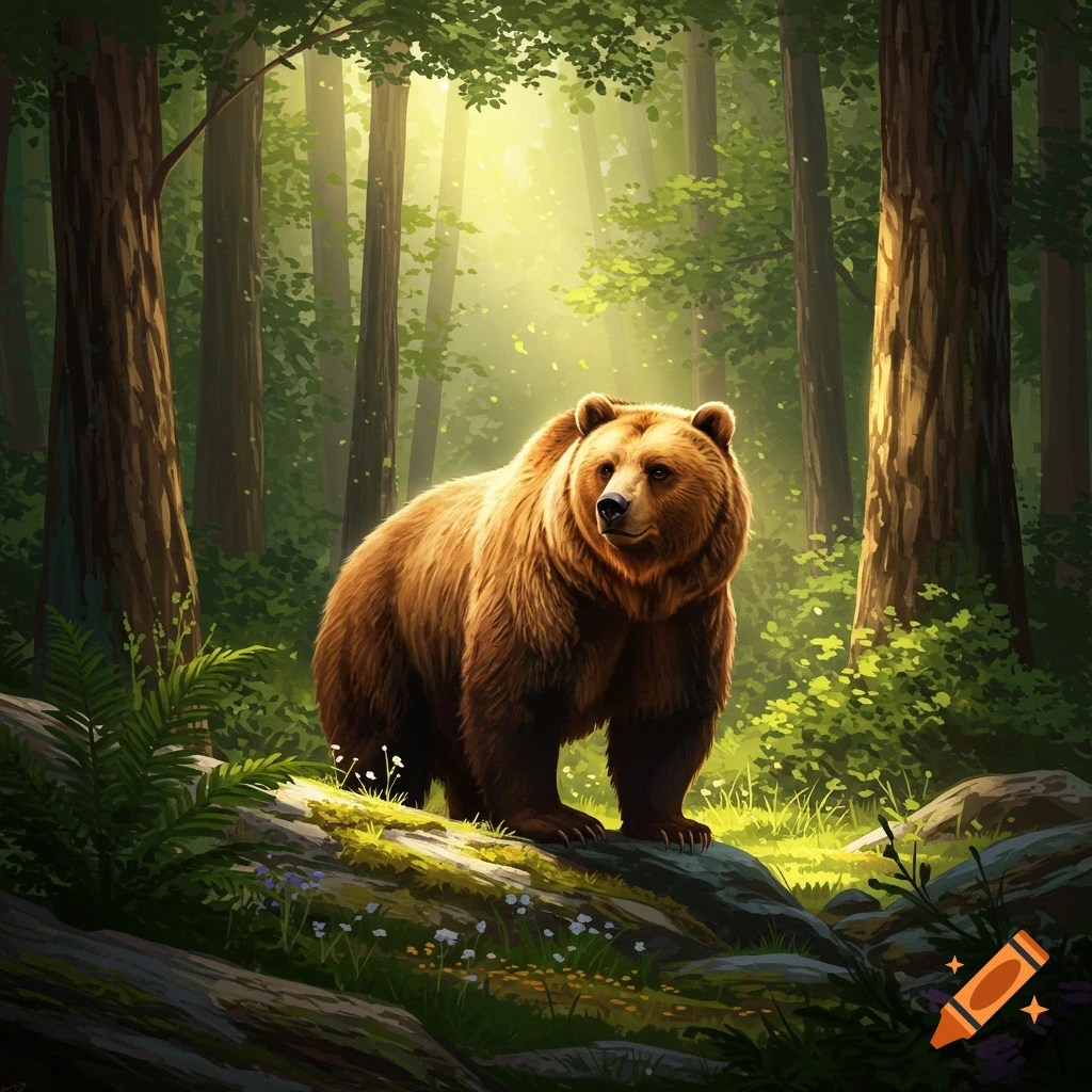 A brown bear stands on a mossy rock in a sunlit forest, surrounded by tall trees and lush greenery, digital painting.