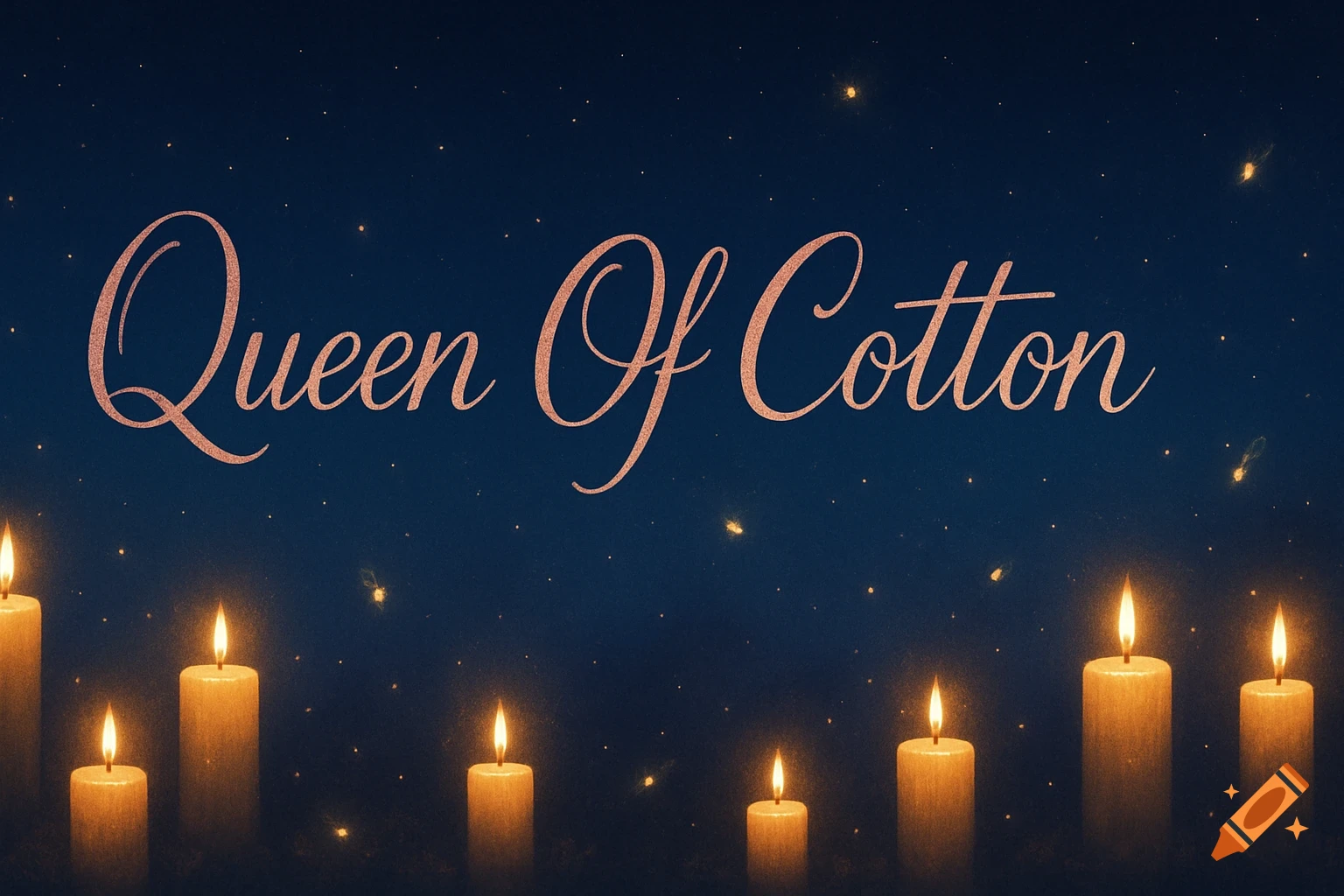 Pink gold script text 'Queen Of Cotton' against a dark blue night sky with glowing candles and fireflies below.