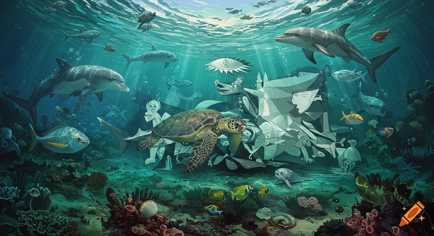 An underwater scene with dolphins, a sea turtle, and various fish swimming around abstract, cubist-style structures on the ocean floor.