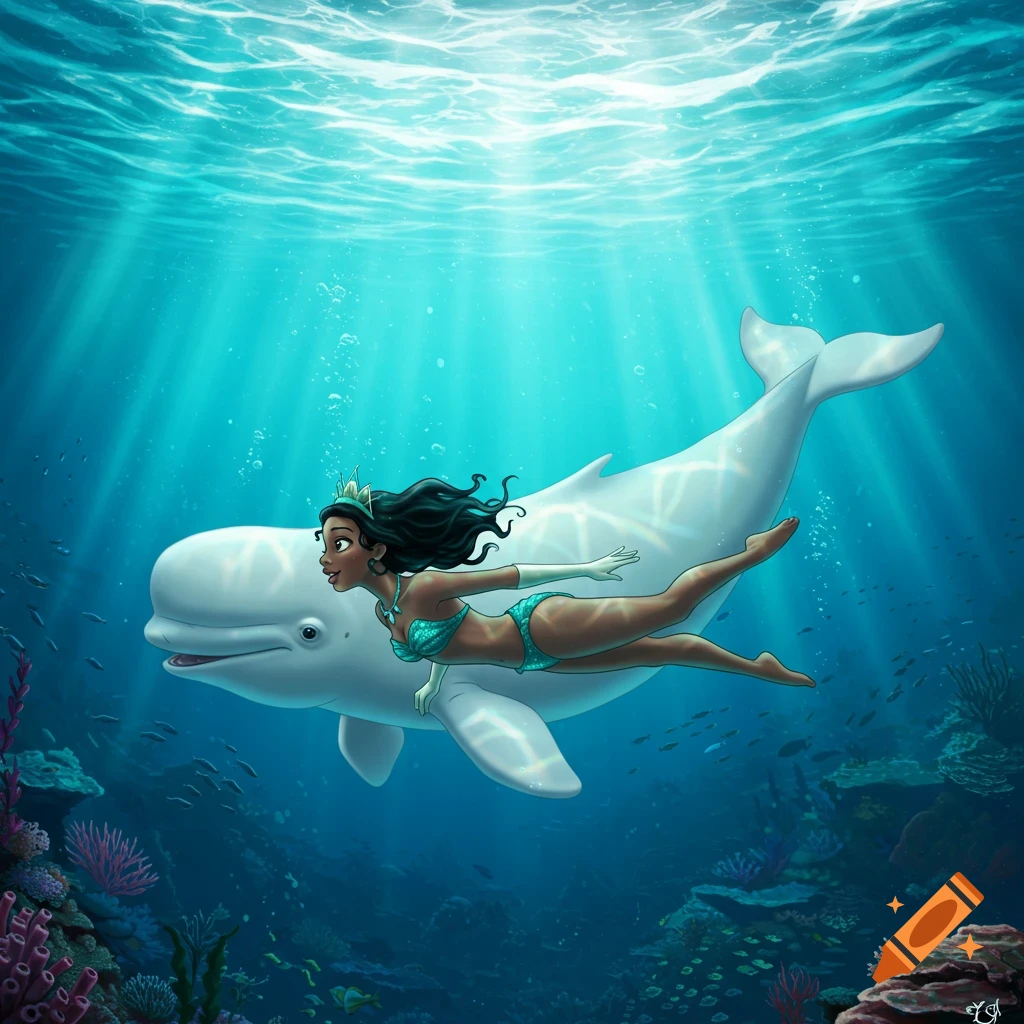 Cartoon Princess Tiana in a bikini swims gracefully with a white beluga whale through sunlit blue underwater coral reefs.