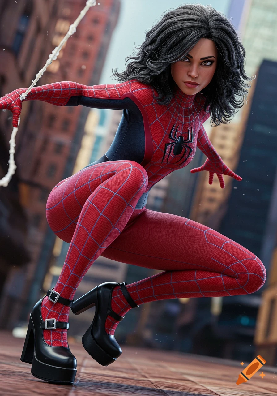 A detailed, ultrarealistic image of a woman Spider-Sona in a red and black suit with web patterns and platform shoes, crouching dynamically.