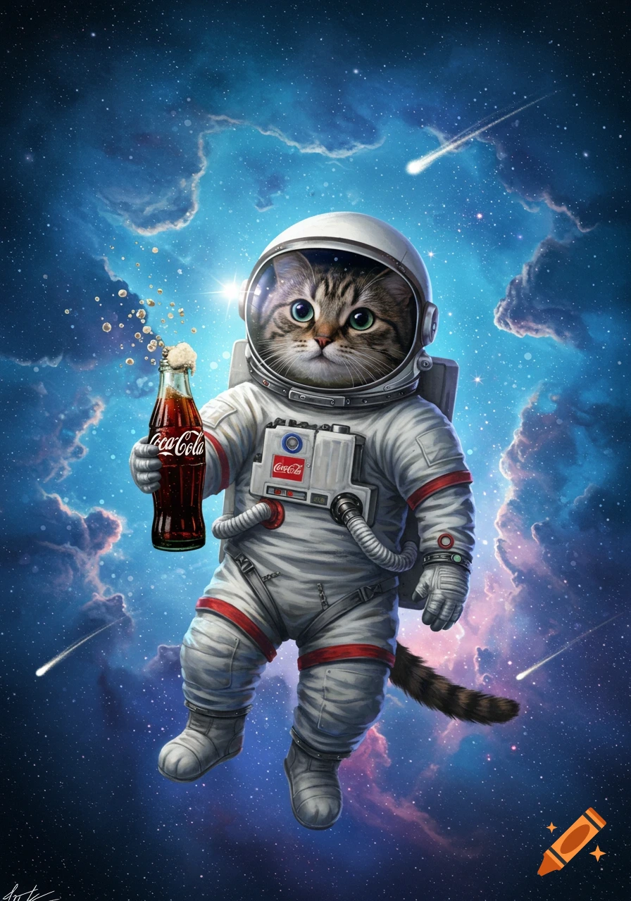 A cute tabby cat astronaut in a white suit floats in space, holding an open Coca-Cola bottle, with nebulae and shooting stars in the background.