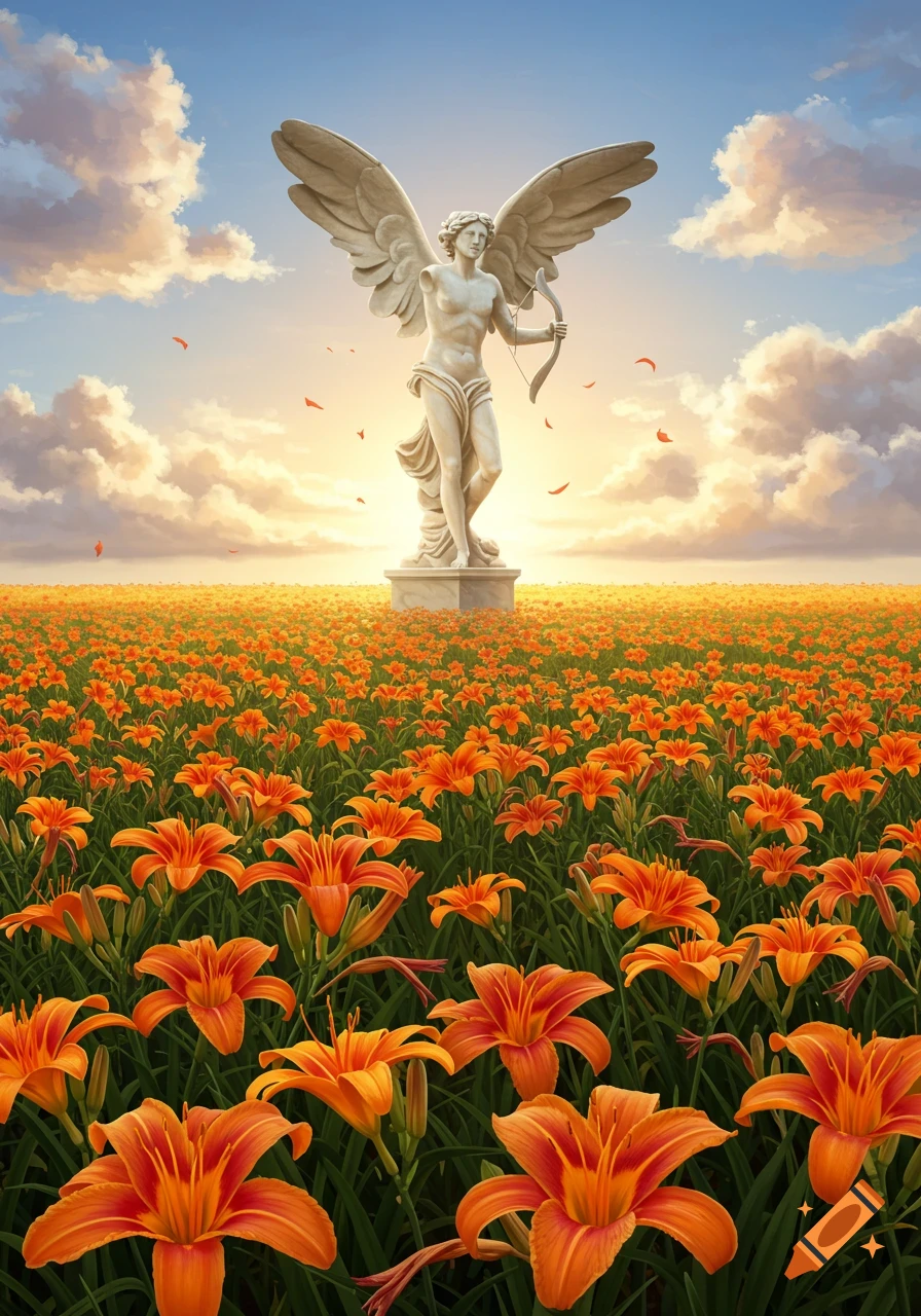 A classical white marble statue of Eros with wings, holding a bow, stands atop a pedestal in a vast field of vibrant orange daylilies under a sunny, cloudy sky.