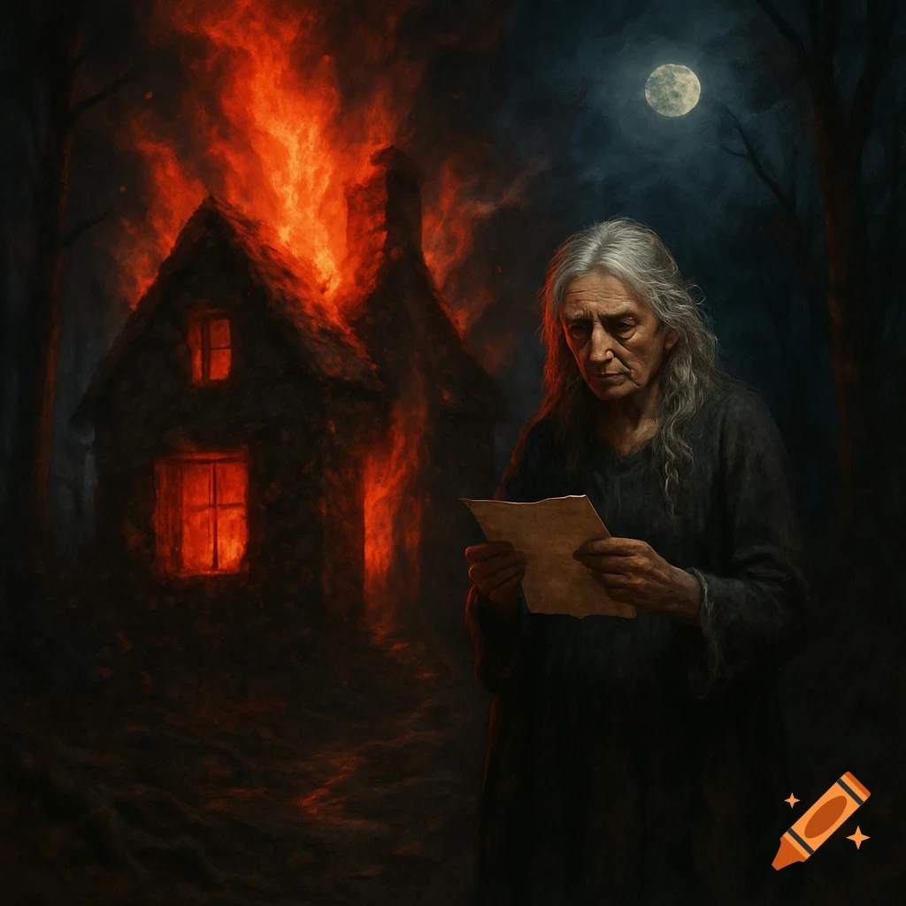 An old woman stands before her burning house at night, lit by fire and moonlight, reading a letter. Dramatic painting.