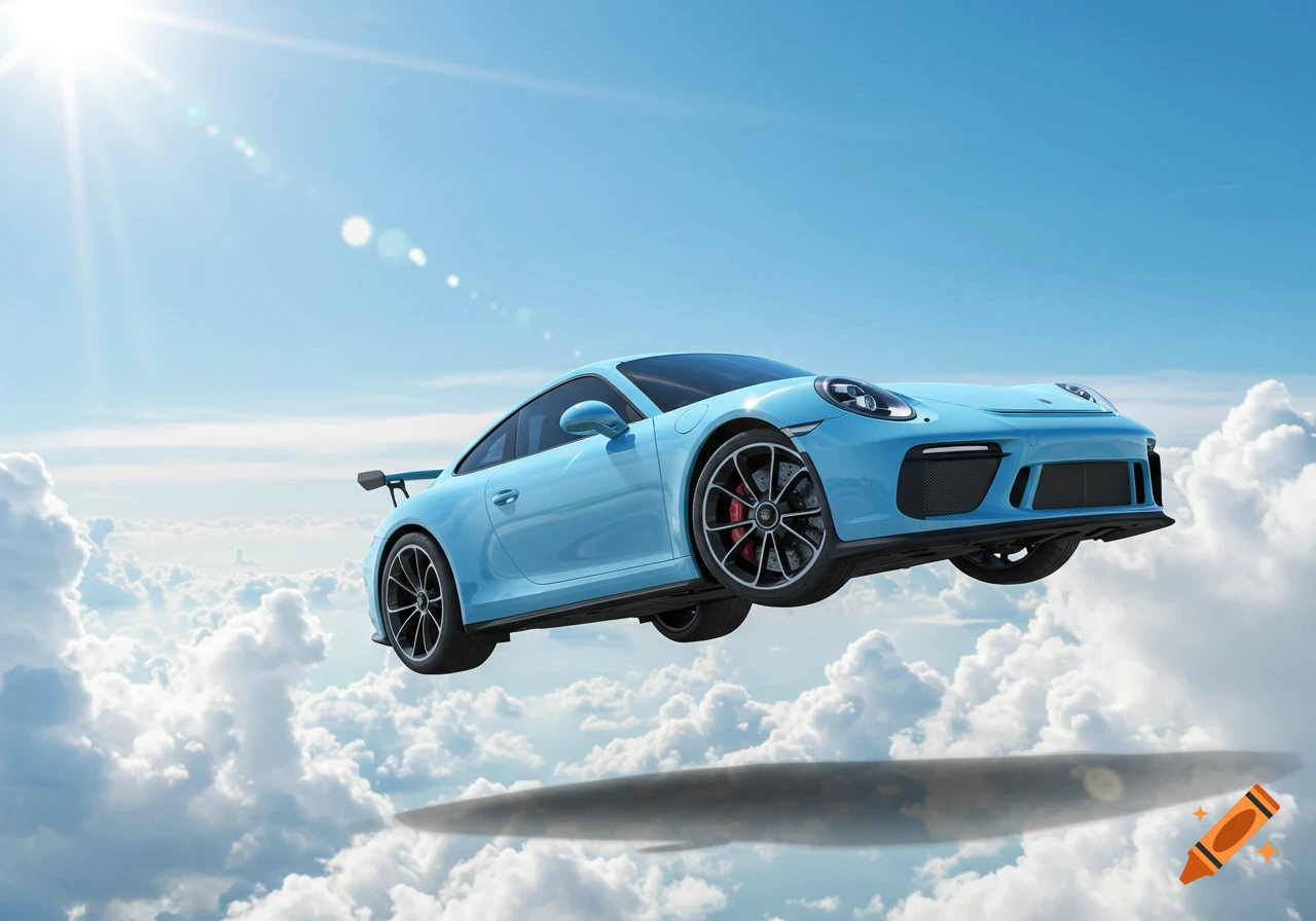A light blue Porsche GT3RS sports car flies above white clouds in a bright blue sky with the sun shining.
