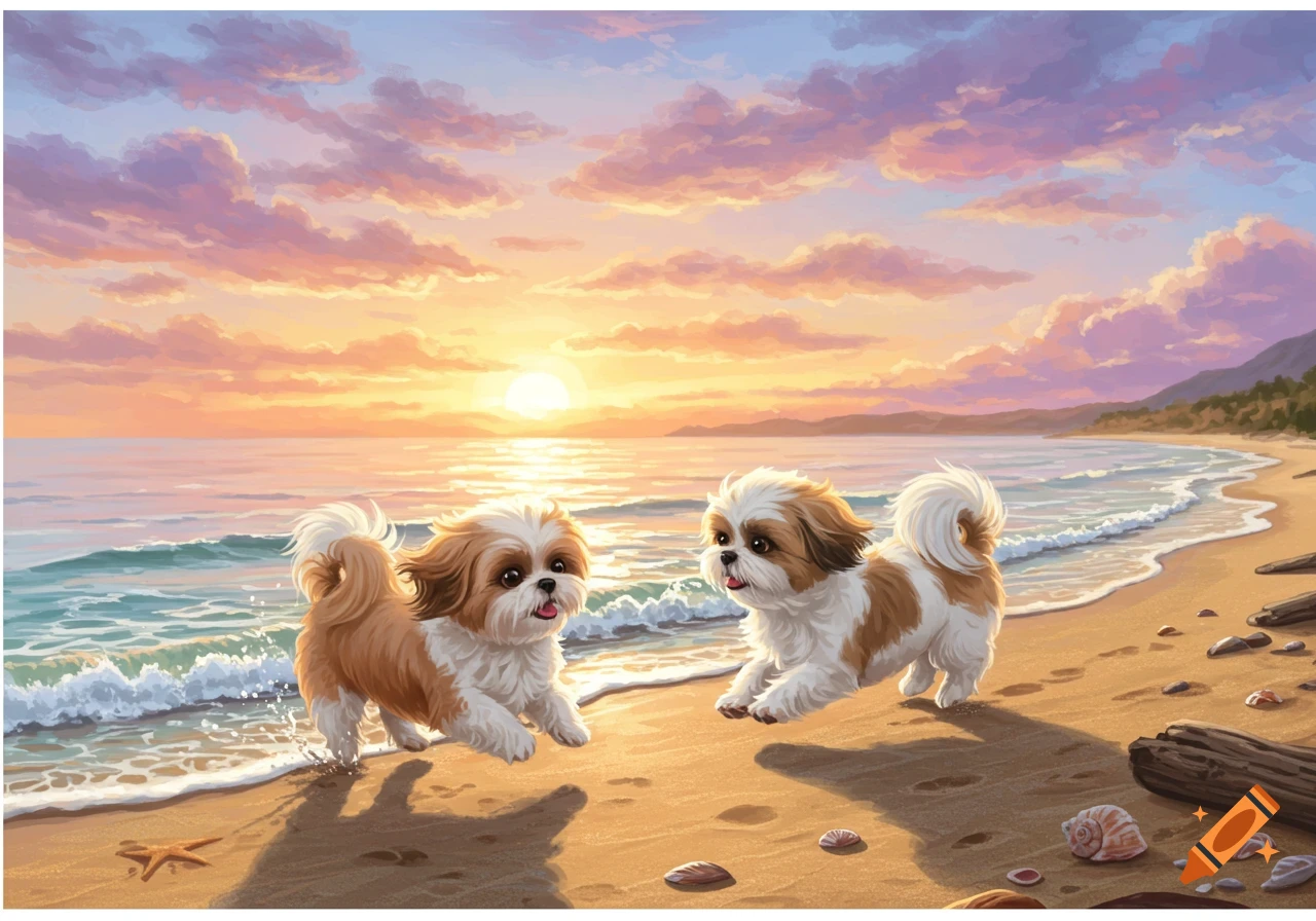 Two cute illustrated Shih Tzus running and playing on a sandy beach at sunset.
