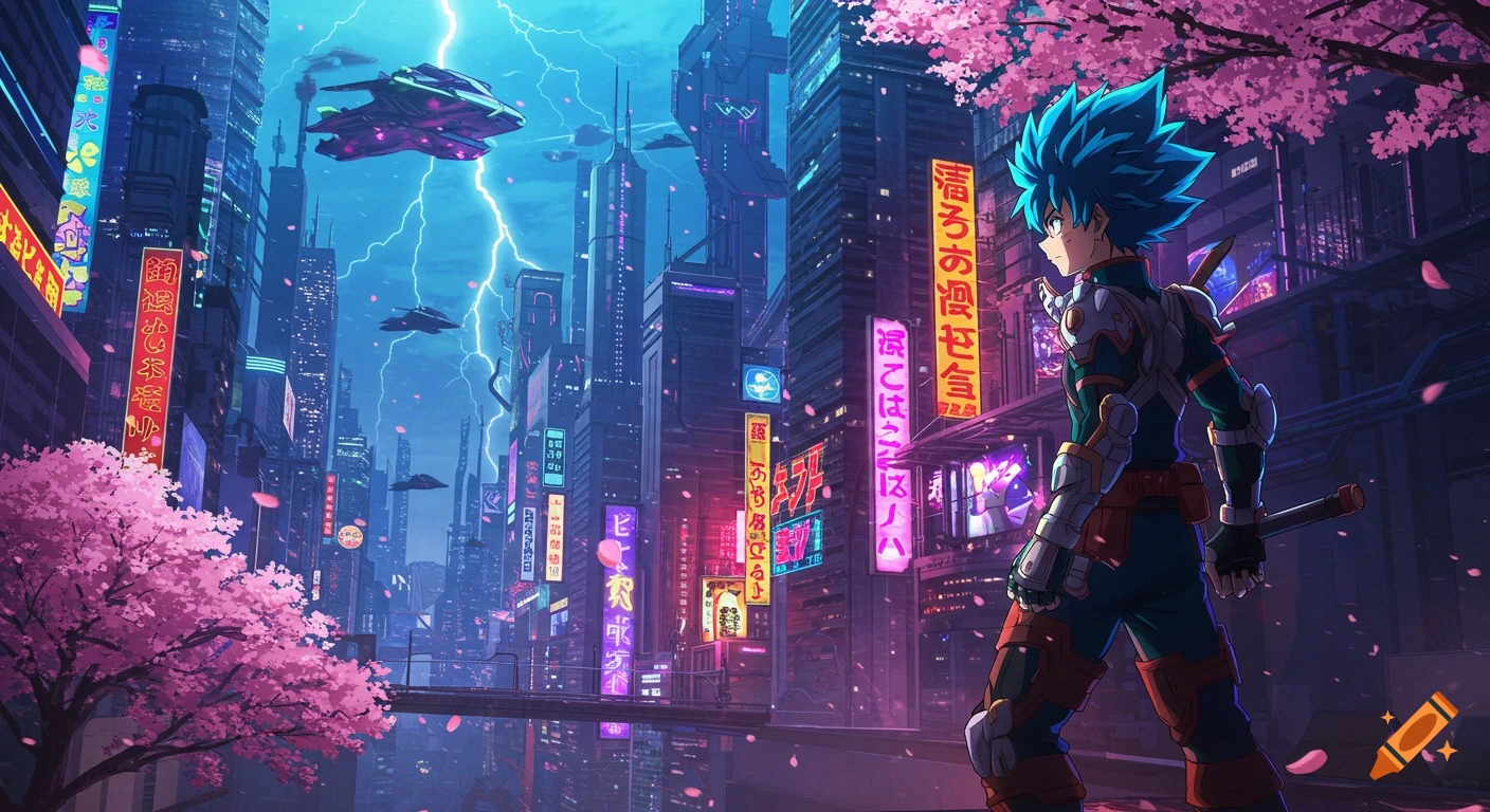 A male anime character with spiky blue hair and armor stands in a vibrant cyberpunk city filled with neon signs, flying vehicles, and pink cherry blossoms.