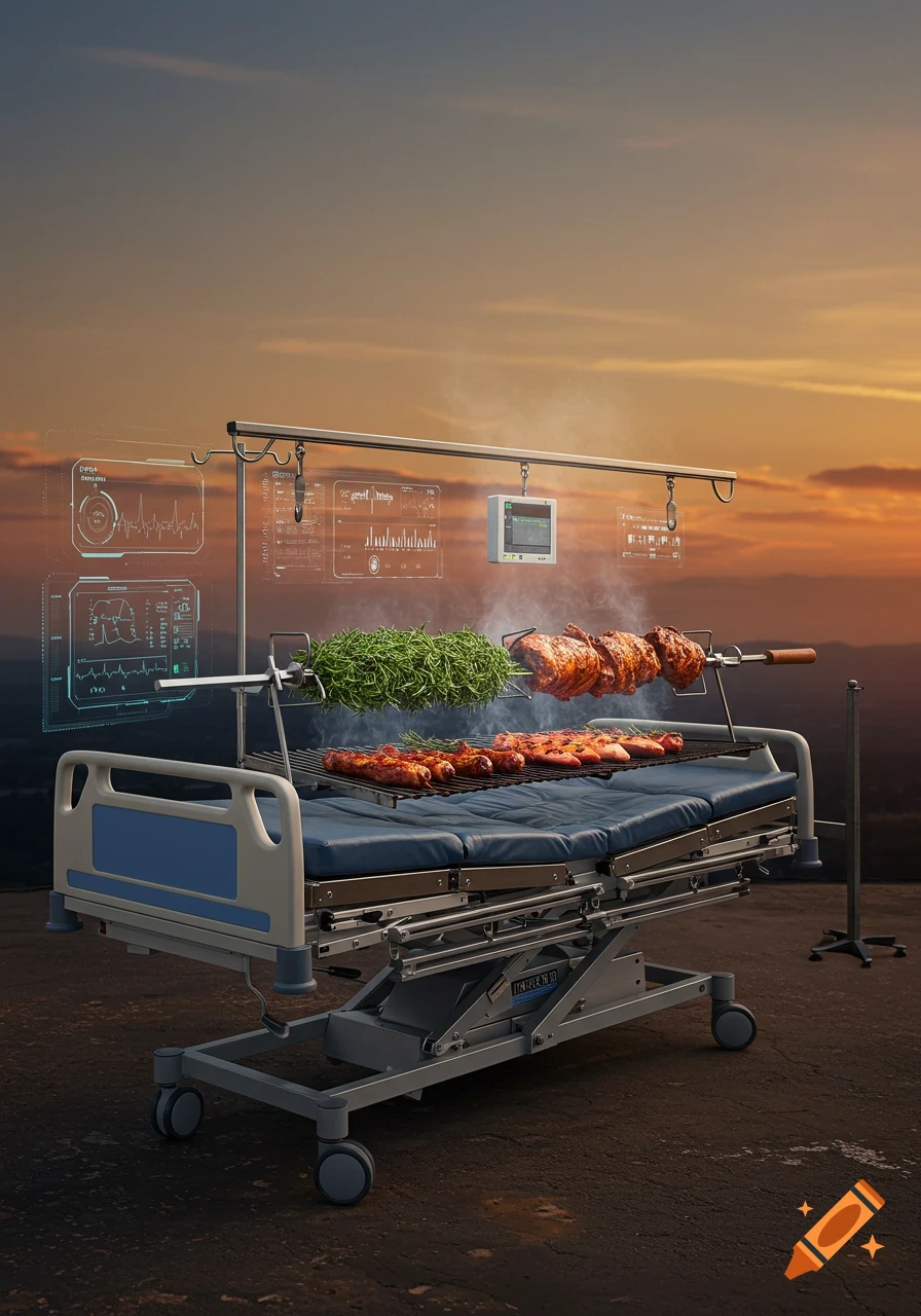 A photorealistic image of a hospital bed repurposed as a BBQ spit, cooking meat and herbs outdoors at sunset with holographic displays.
