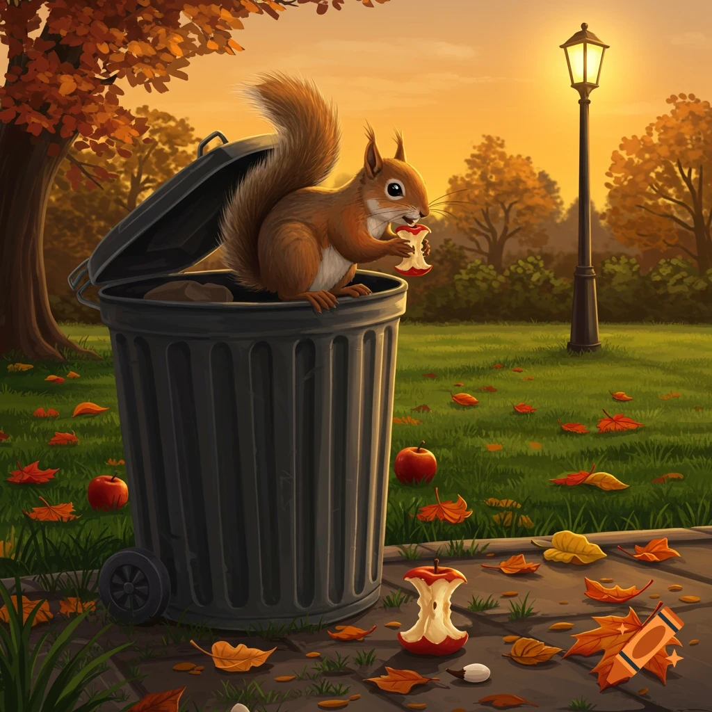 A squirrel eats a red apple from a trash can in an autumn park at sunset.
