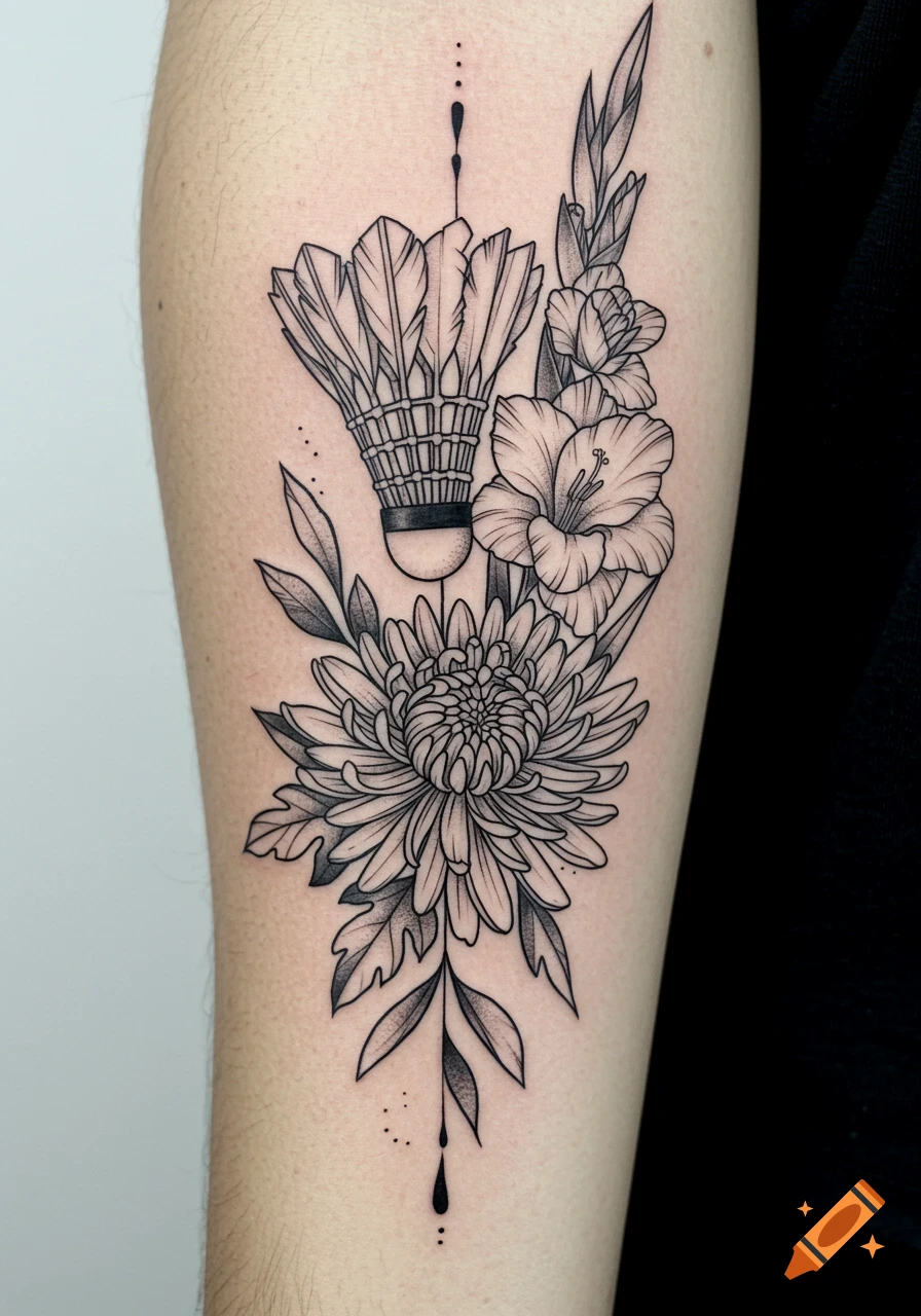 A fineline black ink tattoo on an arm, featuring a shuttlecock, chrysanthemum, and gladiolus flowers in a vertical design.