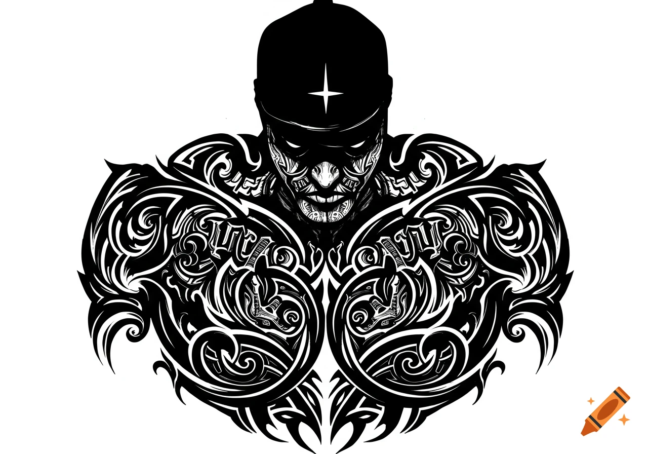 A stylized black and white illustration of a menacing figure with glowing eyes and a baseball cap, surrounded by intricate chicano-style tribal patterns and ornate designs.