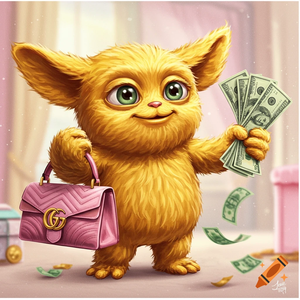 A cute, fluffy golden creature smiles while holding a pink Gucci bag and fanned money, with bills floating around.