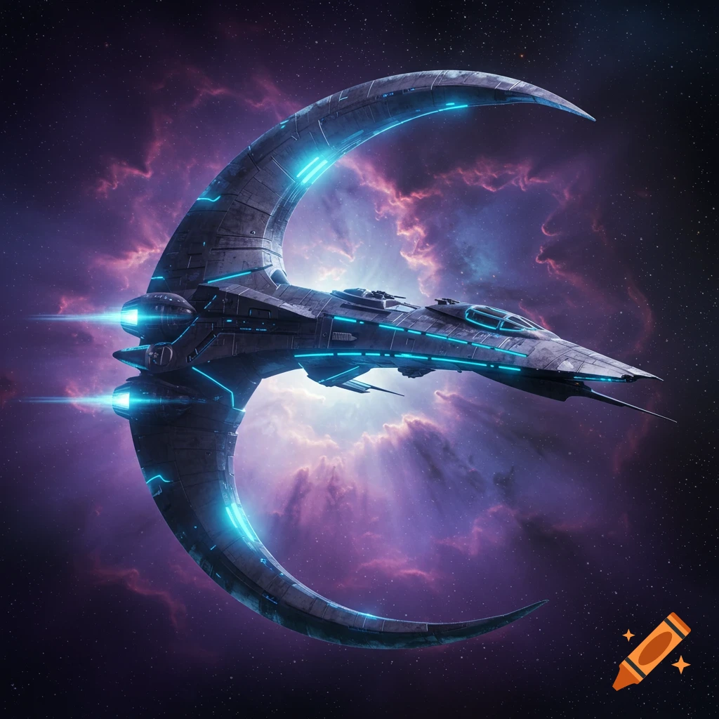 A sleek, crescent-shaped spaceship with glowing blue details soars through a vibrant purple and pink nebula in space.