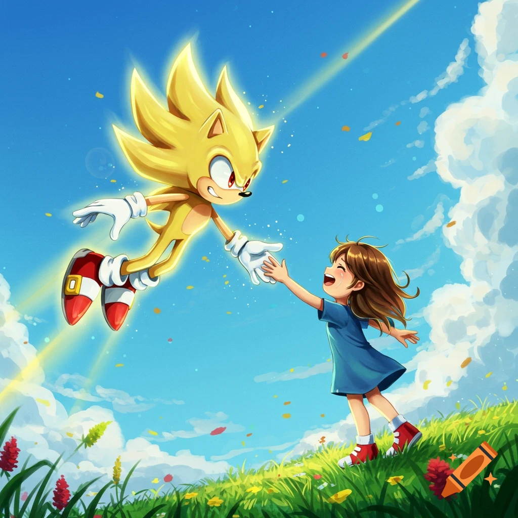 Super Sonic flies down to a crying happy girl reaching up in a bright, grassy field.