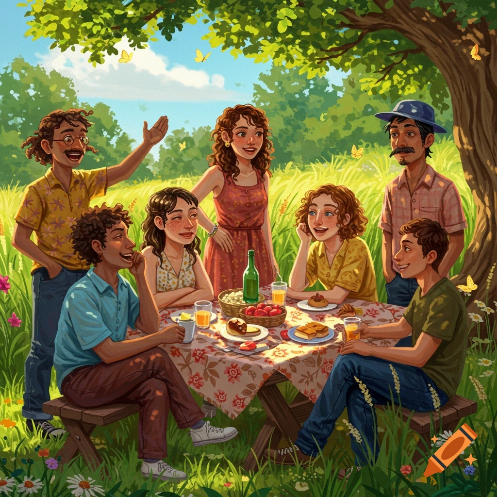 An illustration of a diverse group of friends enjoying a picnic under a tree in a sunny, grassy field.