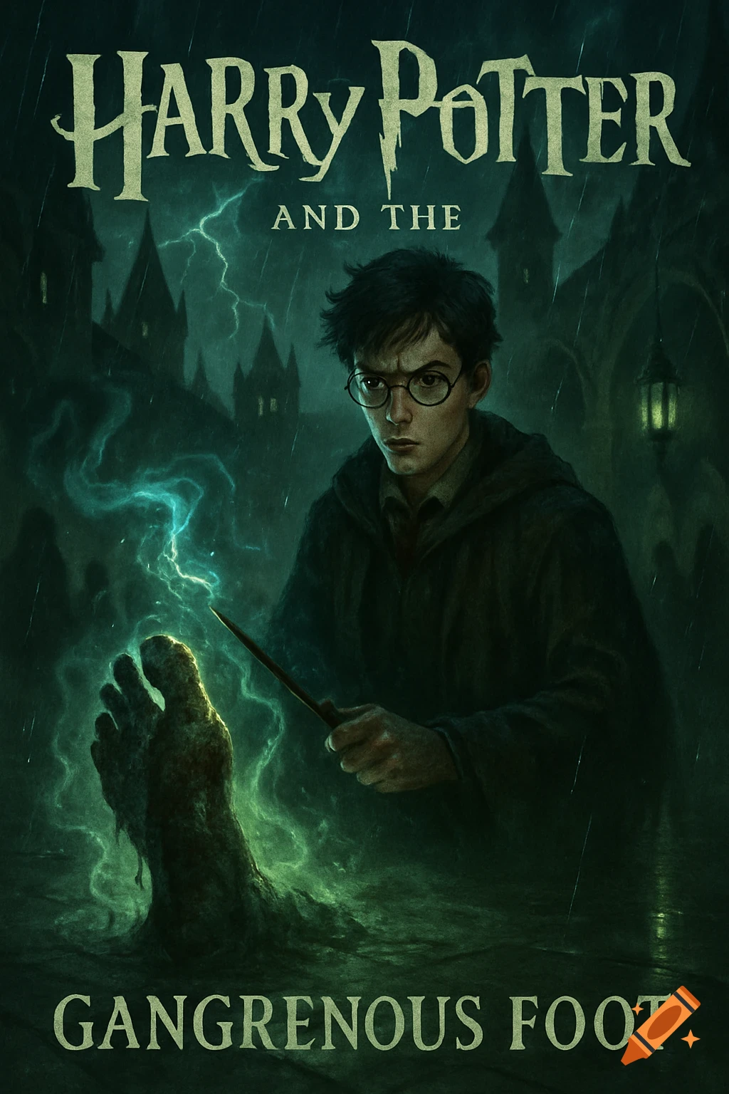Harry Potter, wand in hand, looks at a gangrenous foot glowing with green magic, under a stormy sky with a castle. Book cover.
