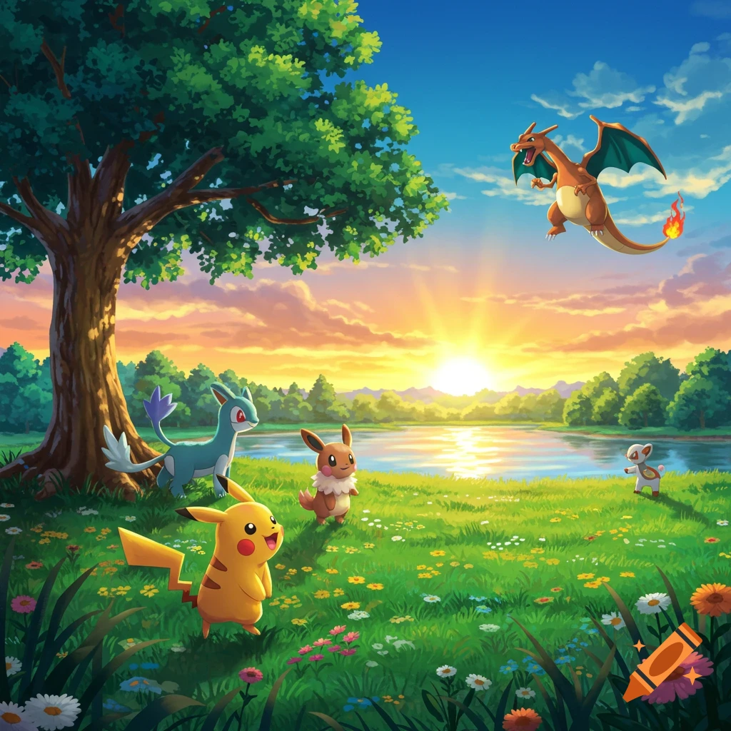 Pikachu, Eevee, and other Pokemon in a vibrant natural landscape with a lake and sunset.