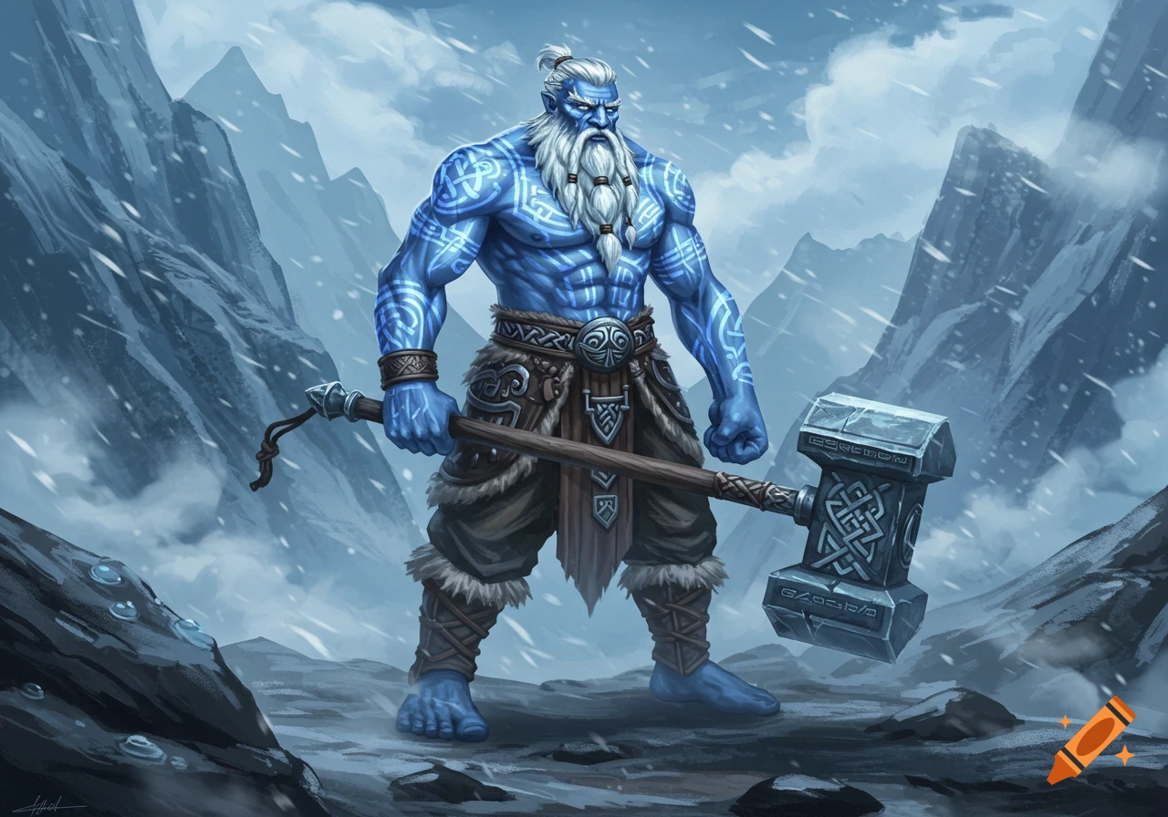 Blue-skinned Goliath warrior with white beard and tribal tattoos stands in a snowy mountain landscape, holding an ornate maul.