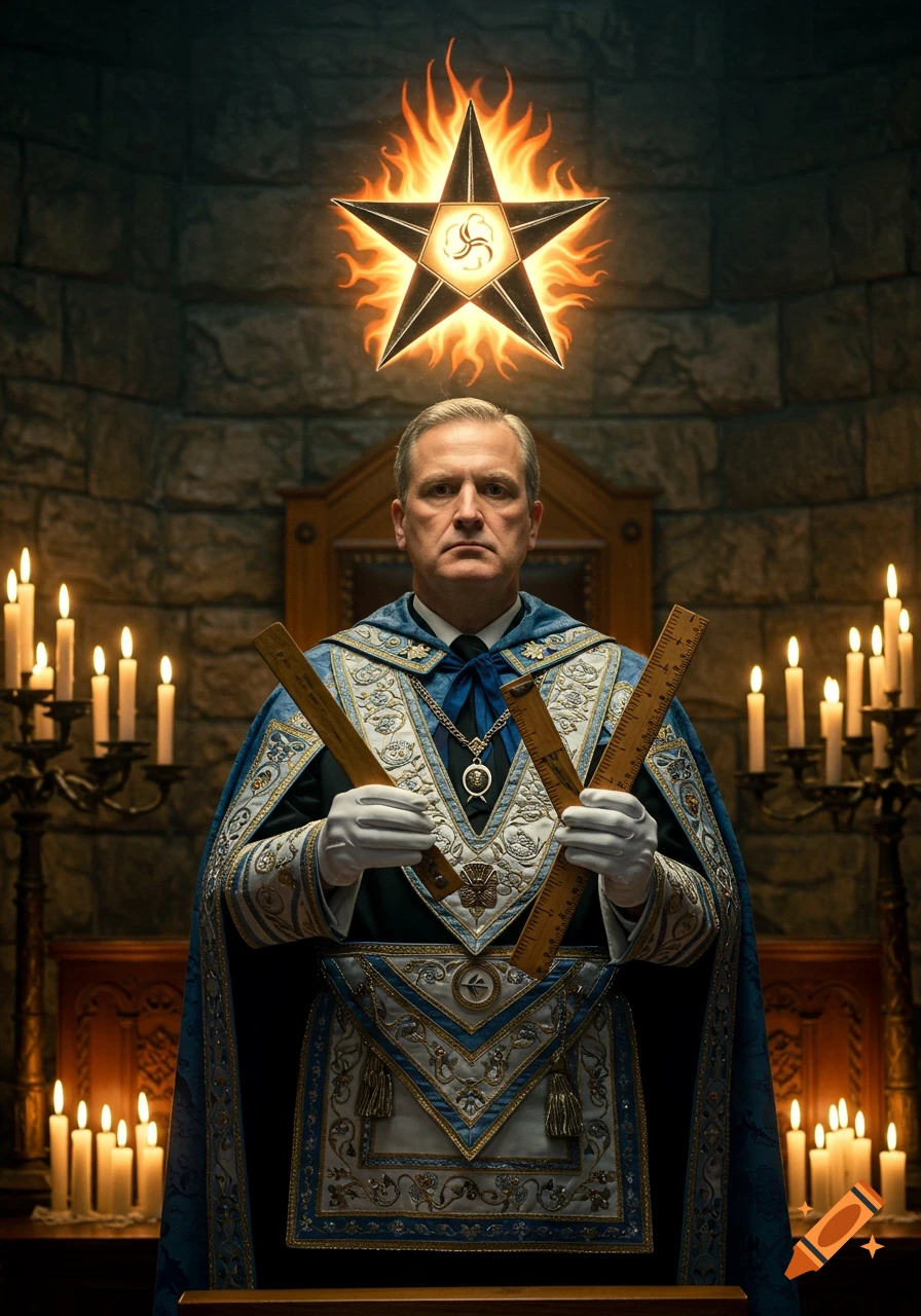 A man in elaborate blue and white Masonic ceremonial robes holds wooden rulers in a candlelit stone room beneath a flaming star. Photorealistic.