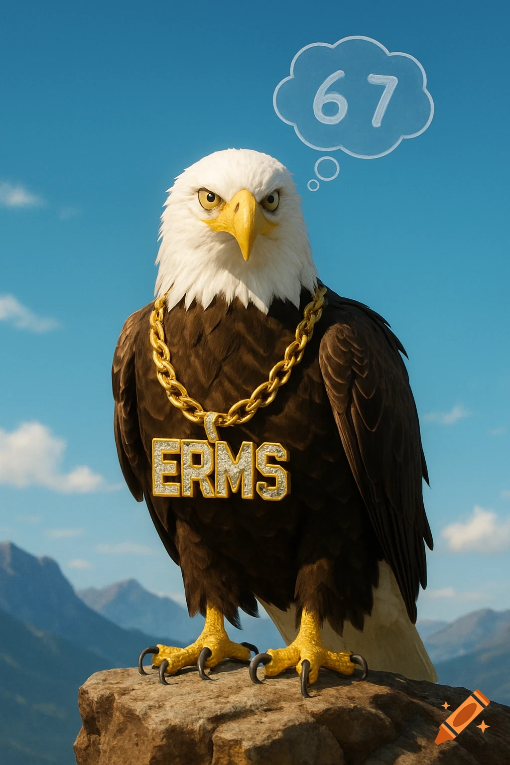 A bald eagle wearing a diamond-encrusted gold chain with 'ERMS' on a pendant, perched on a rock with a thought bubble '67'.