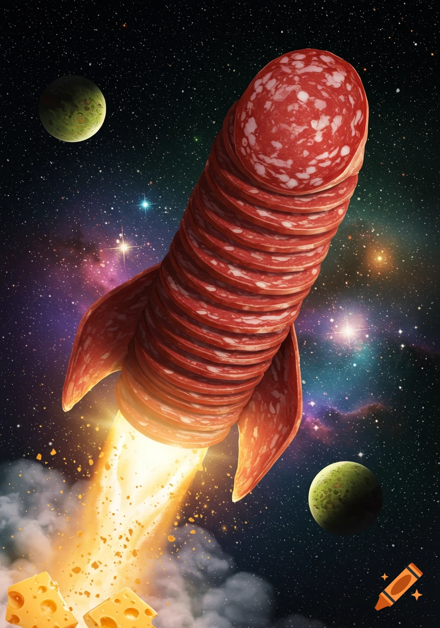 A salami-slice rocket blasts off into space with cheese chunks, past colorful nebulae and planets.
