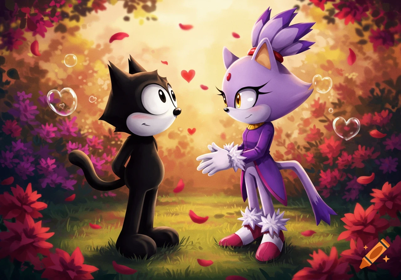 Felix the Cat and Blaze the Cat gaze at each other lovingly in a vibrant, flowery forest with floating hearts.