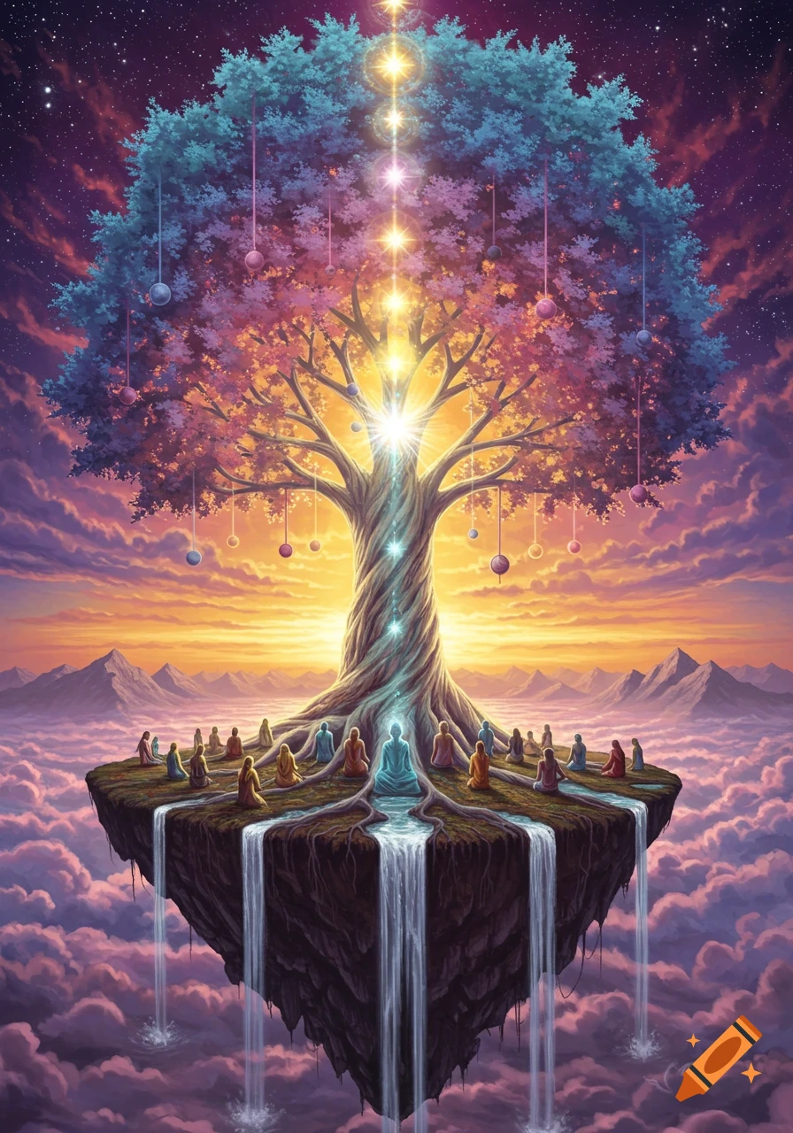 Fantastical glowing tree of life on a floating island with meditating figures, cosmic sky, and colorful auroras.