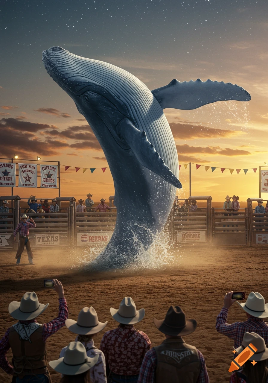 A giant blue whale breaches in the center of a Texas rodeo arena, with cowboys watching under a dramatic sunset sky.