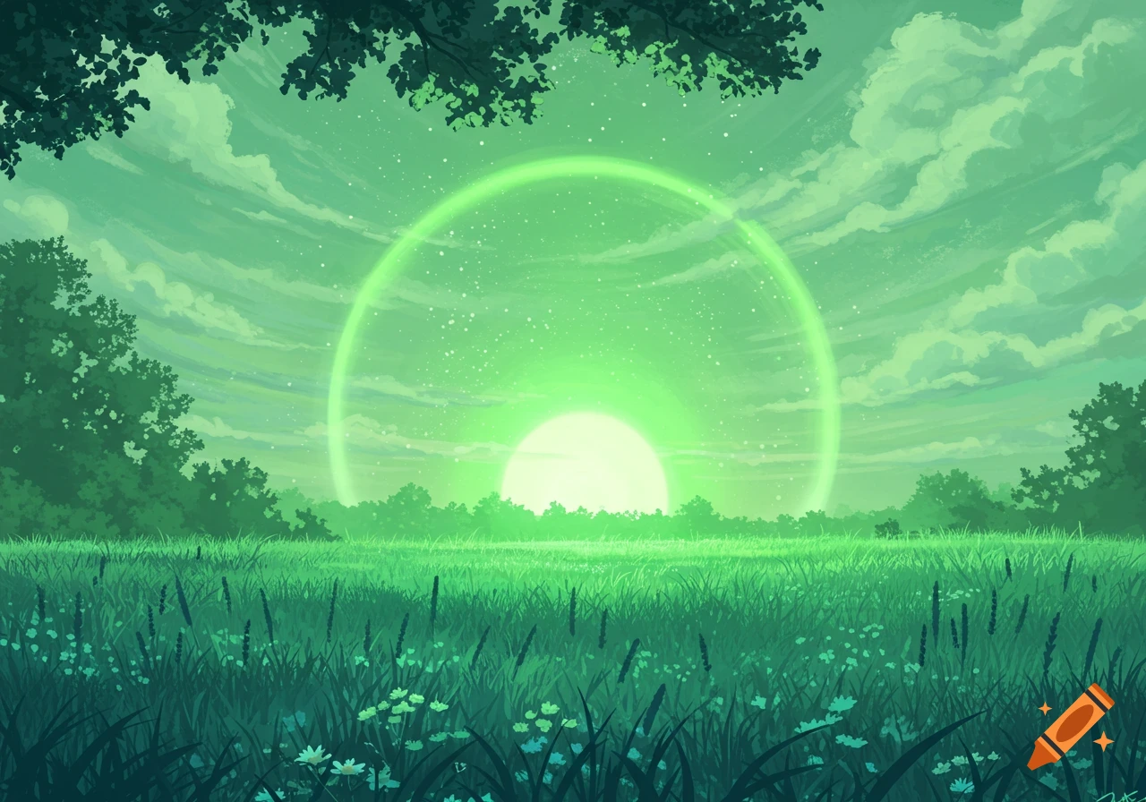 Lush green landscape illustration with a glowing green sun and ring in the sky over a field and forest.