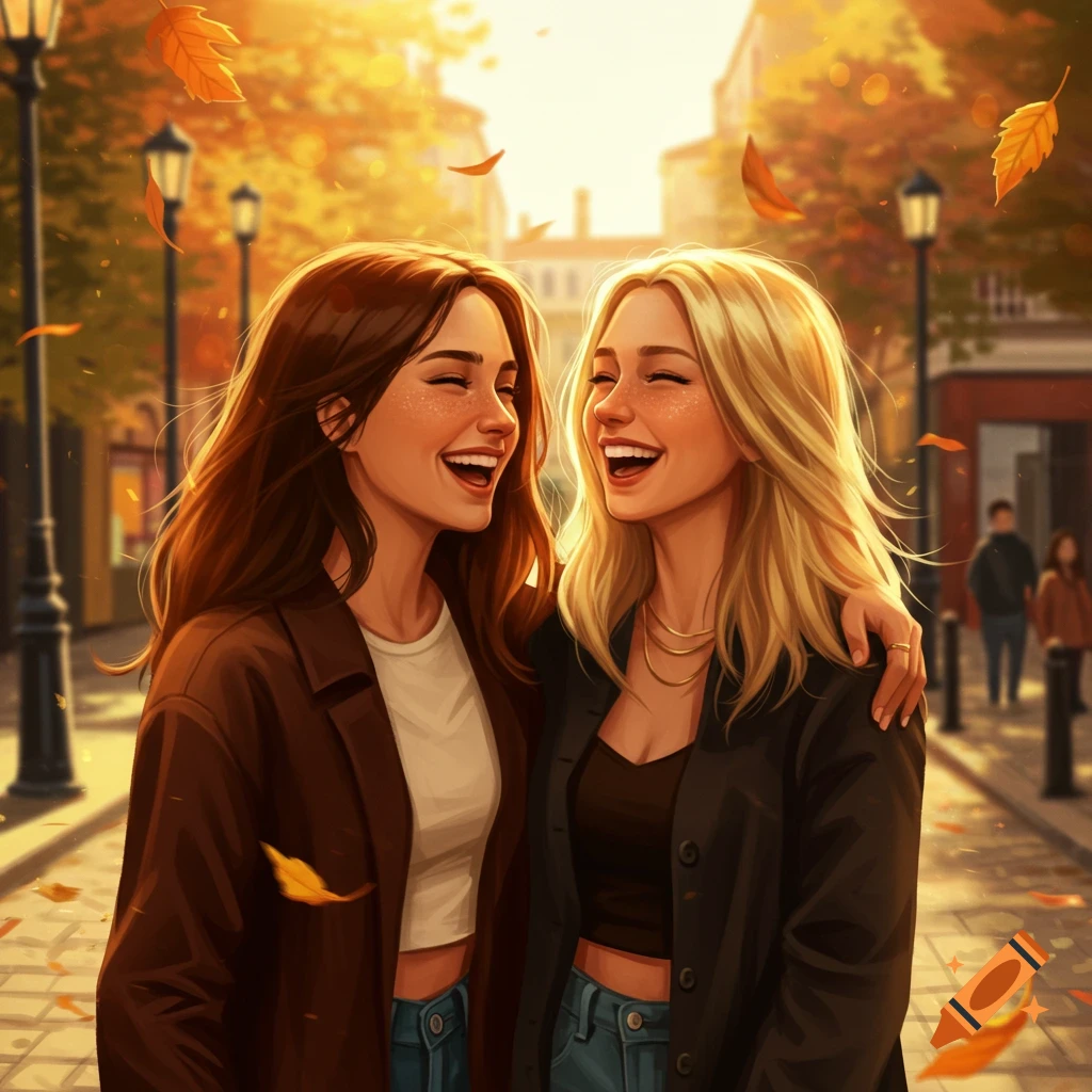 Illustrated image of two young women, a brunette and a blonde, laughing and walking arm-in-arm on a sunny autumn street with falling leaves.
