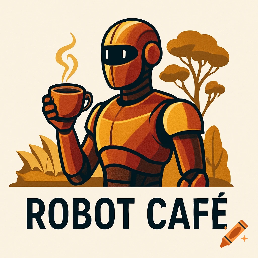 Stylized illustration of an orange robot holding a coffee cup, with 'ROBOT CAFÉ' text and stylized trees.