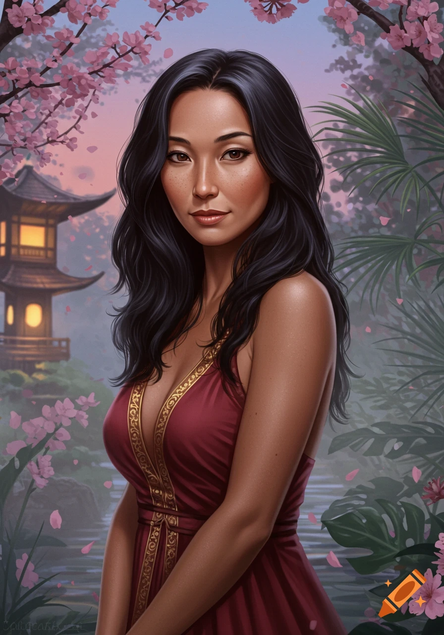 A photorealistic portrait of a beautiful woman with long dark hair, wearing a red and gold dress, in a Japanese garden with cherry blossoms and a pagoda.