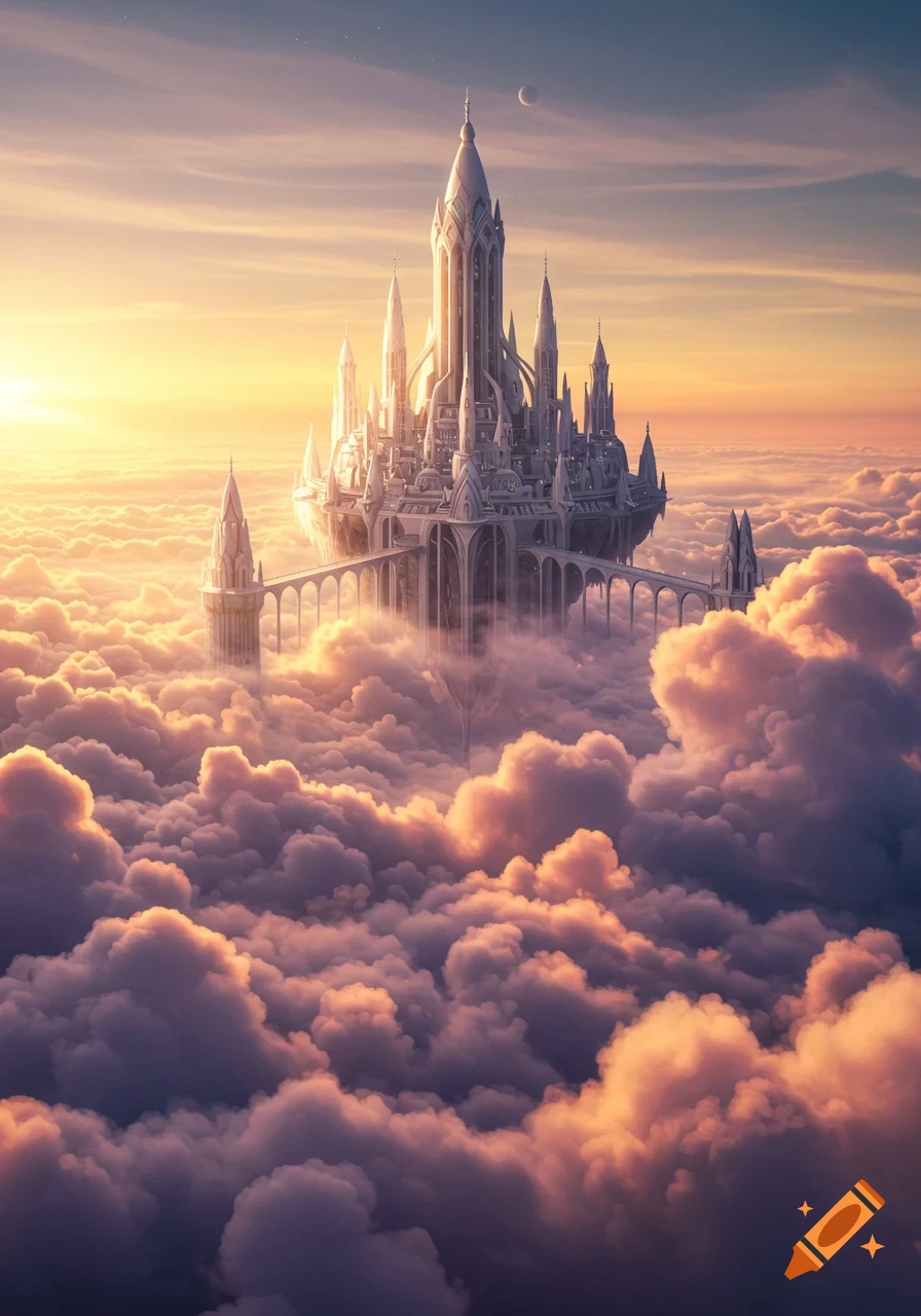 An ornate white fantasy city with spires and bridges floats above a sea of pink and orange clouds during sunset.