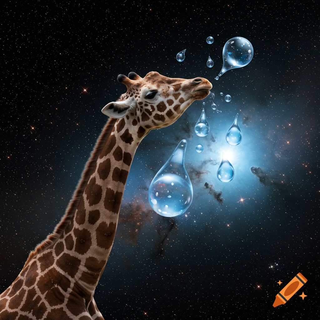 A photorealistic giraffe blows luminous blue water bubbles into a star-filled cosmos with a distant nebula.