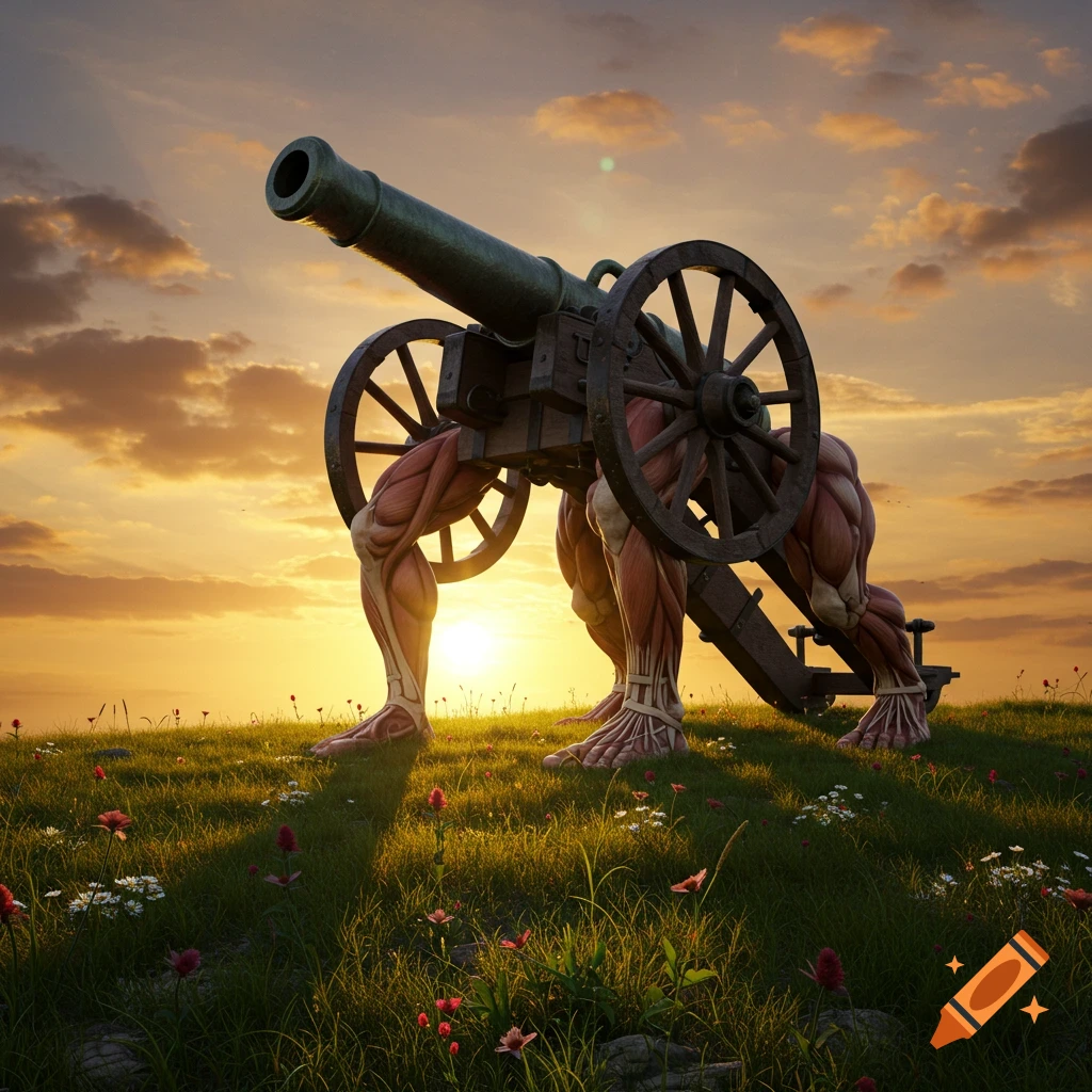 A medieval cannon with muscular human legs instead of wheels stands on a grassy hill at sunset.
