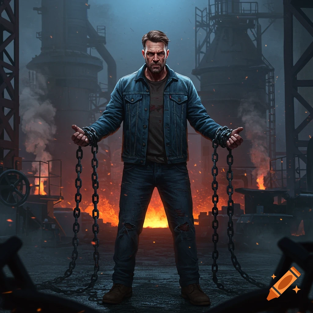 Determined man in a denim jacket holding chains, standing in a dark, fiery industrial factory.