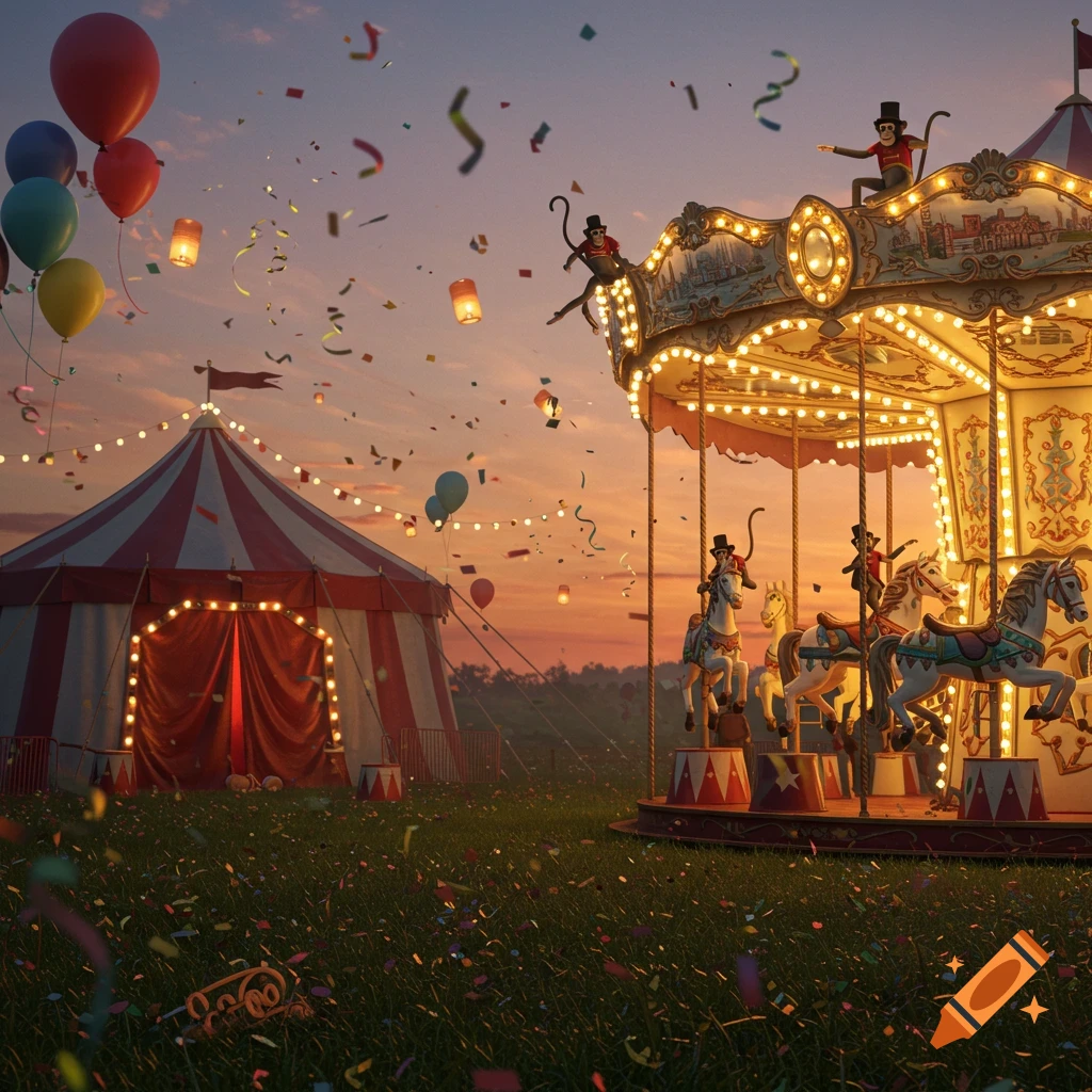 A whimsical circus scene at sunset with a brightly lit carousel ridden by monkeys, a big top tent, balloons, and confetti.