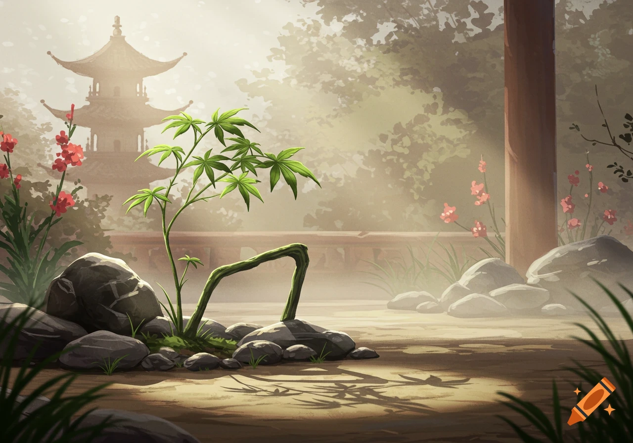 An illustrated misty Japanese garden with a pagoda, sunlit rocks, green plants, and red flowers in a serene setting.