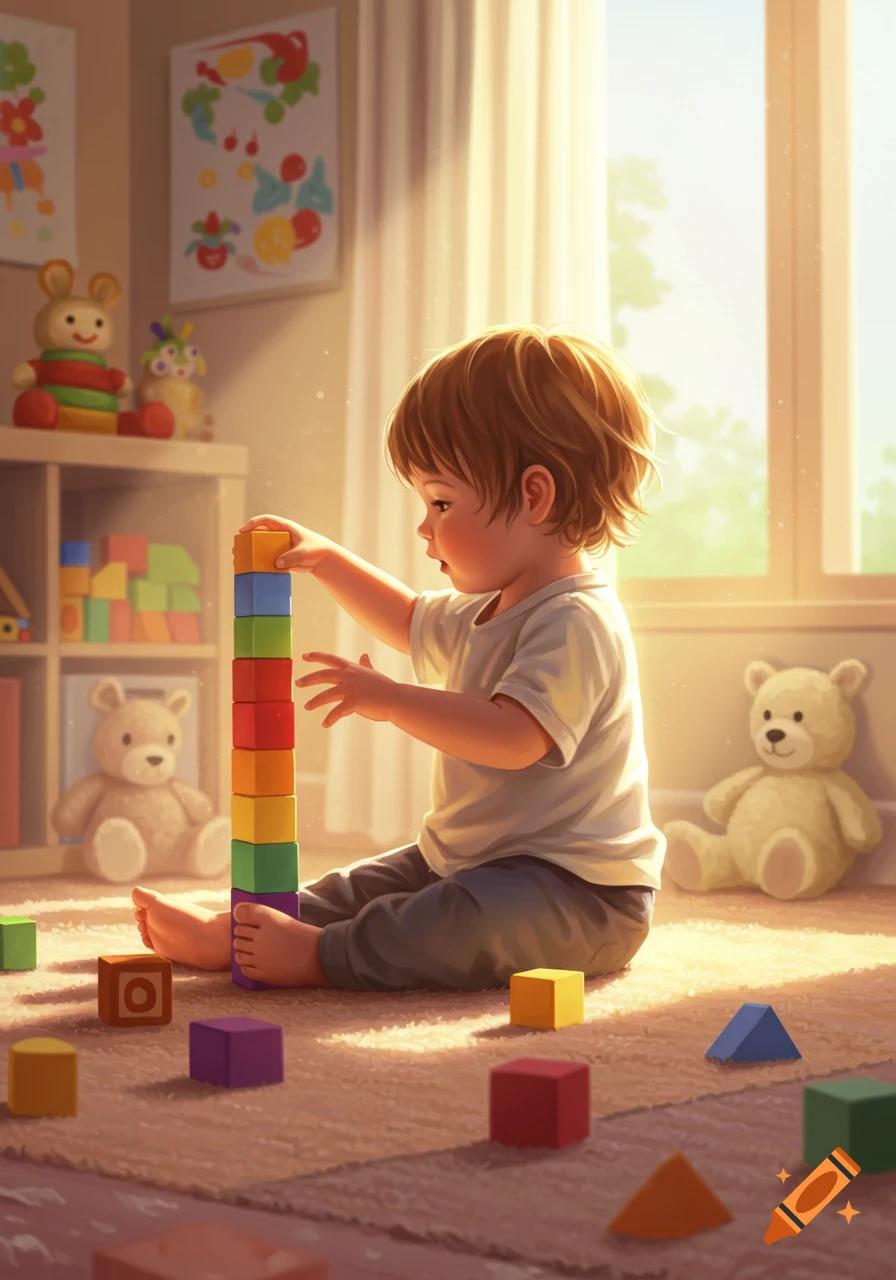 A young child sits on a sunny floor building a tall tower with colorful blocks in an illustrated style.