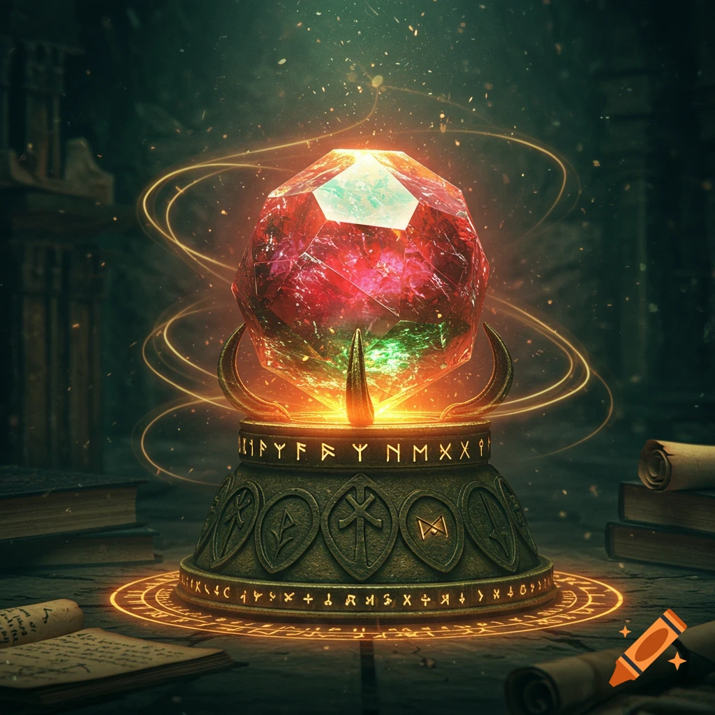 A glowing, faceted red and green magical gem sits on an ornate golden altar inscribed with runes, surrounded by mystical energy and ancient scrolls.