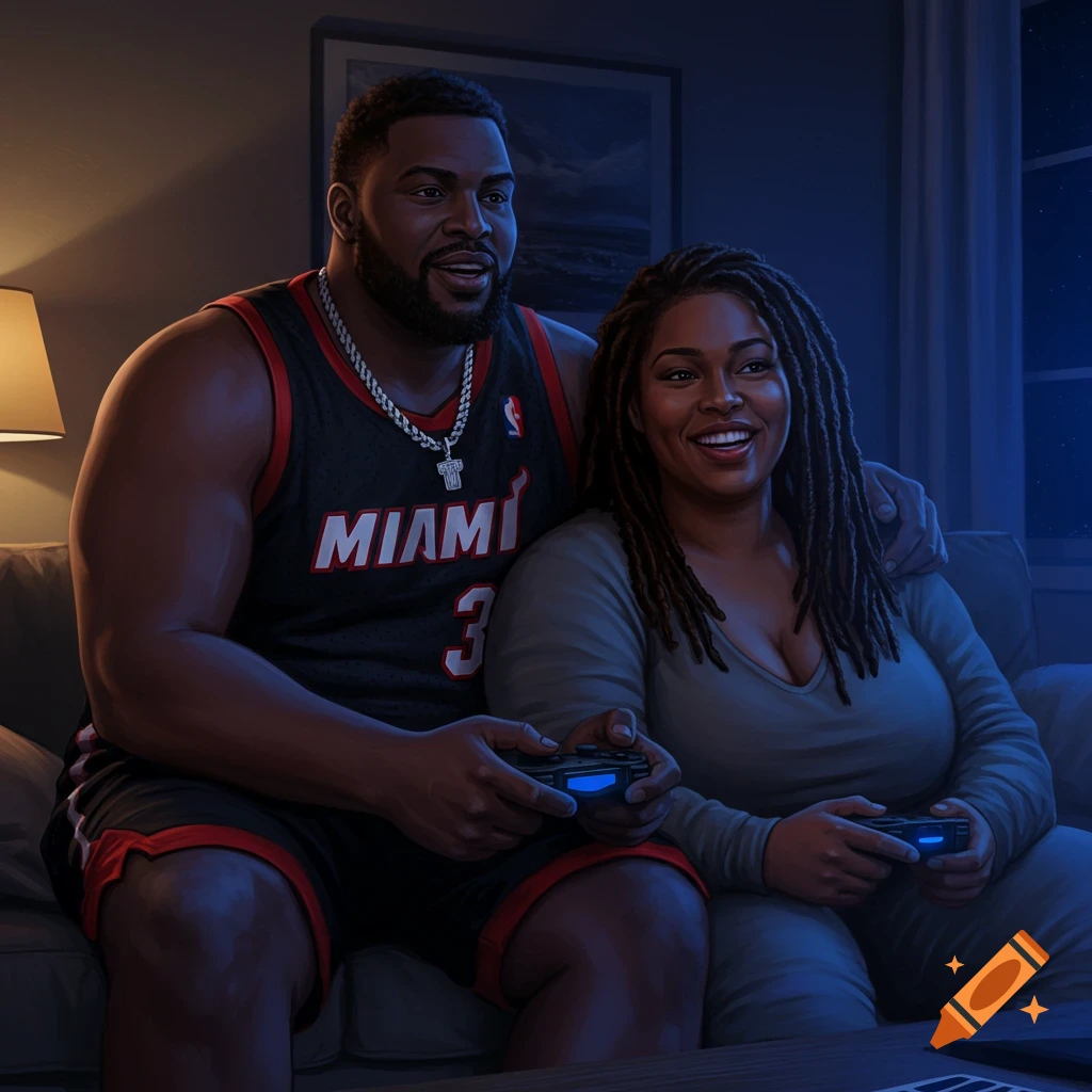 A smiling Black couple plays video games on a couch in a dimly lit, cozy living room. The man wears a Miami Heat jersey.