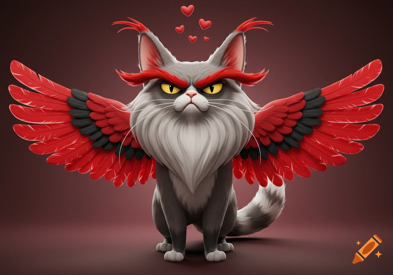 3D CGI animation of a grumpy, fluffy gray cat with long red feathery eyebrows and large red wings. Red hearts float above its head.
