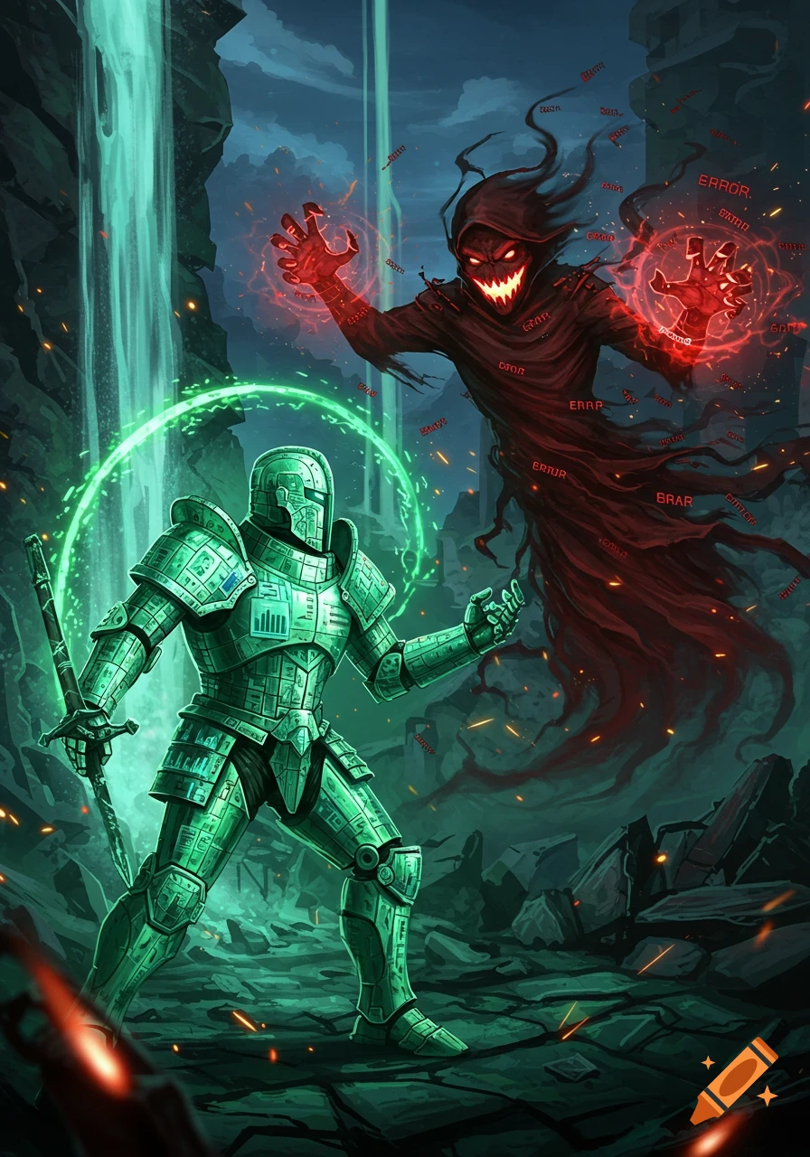 A green armored knight battles a red, hooded phantom surrounded by 'ERROR' text in a dark, watery landscape.