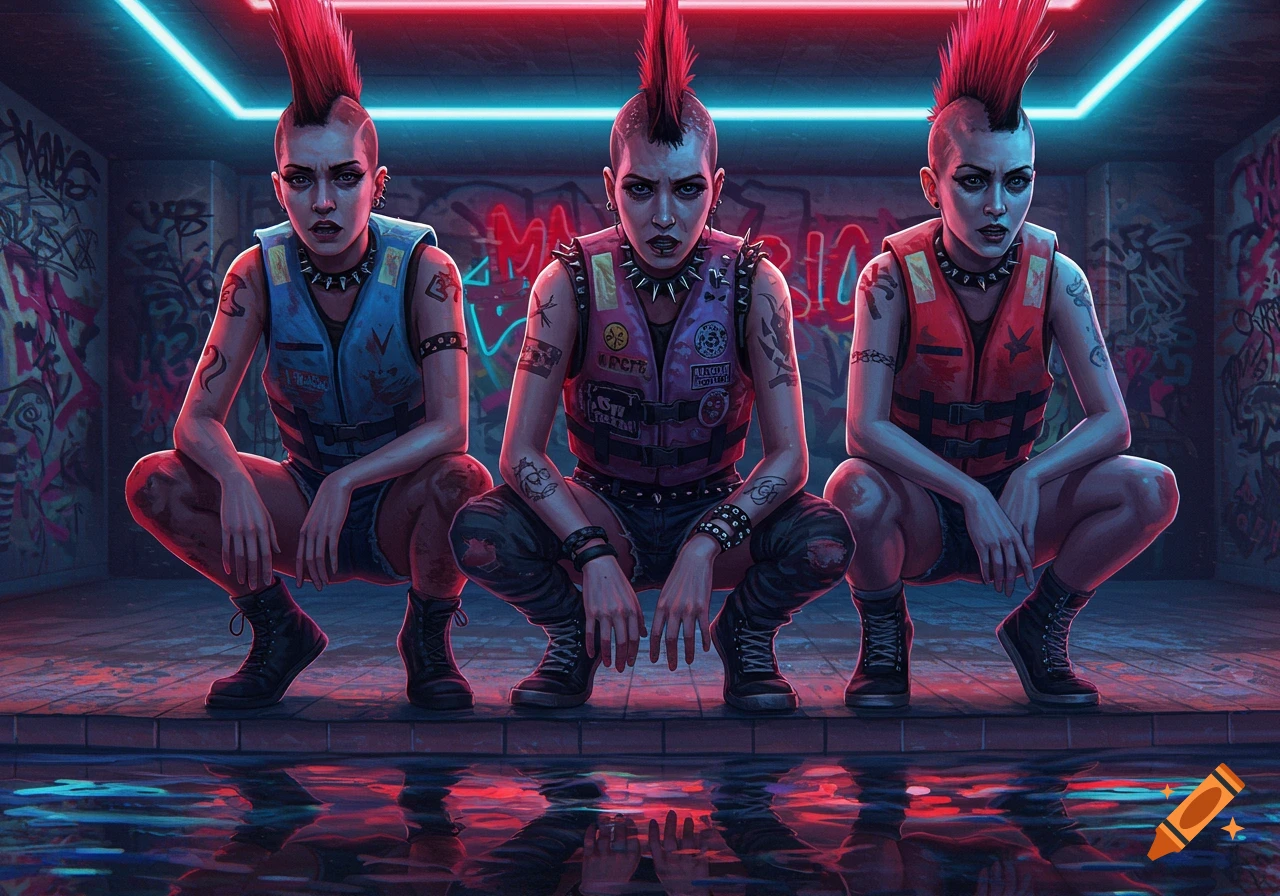 Three punk women with mohawks squat by a neon-lit pool with graffiti walls, in a digital art style.