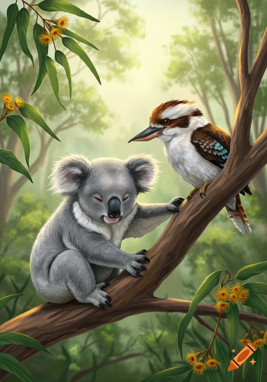 A stylized illustration of a koala and a kookaburra on a eucalyptus tree branch in a forest setting.