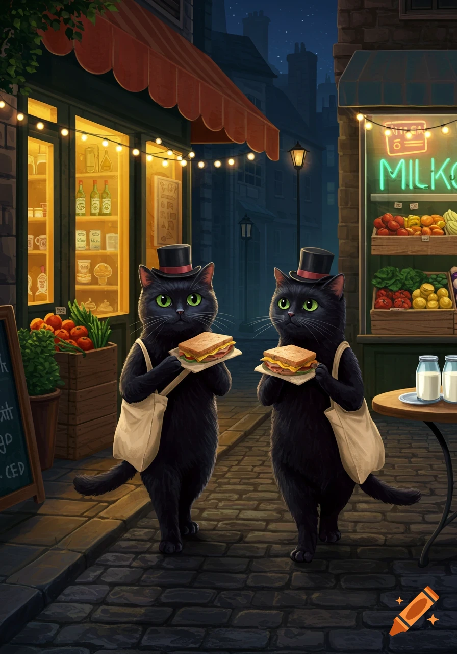 Two black cats wearing top hats and holding sandwiches stand on a cobblestone street at night in front of illuminated shops.