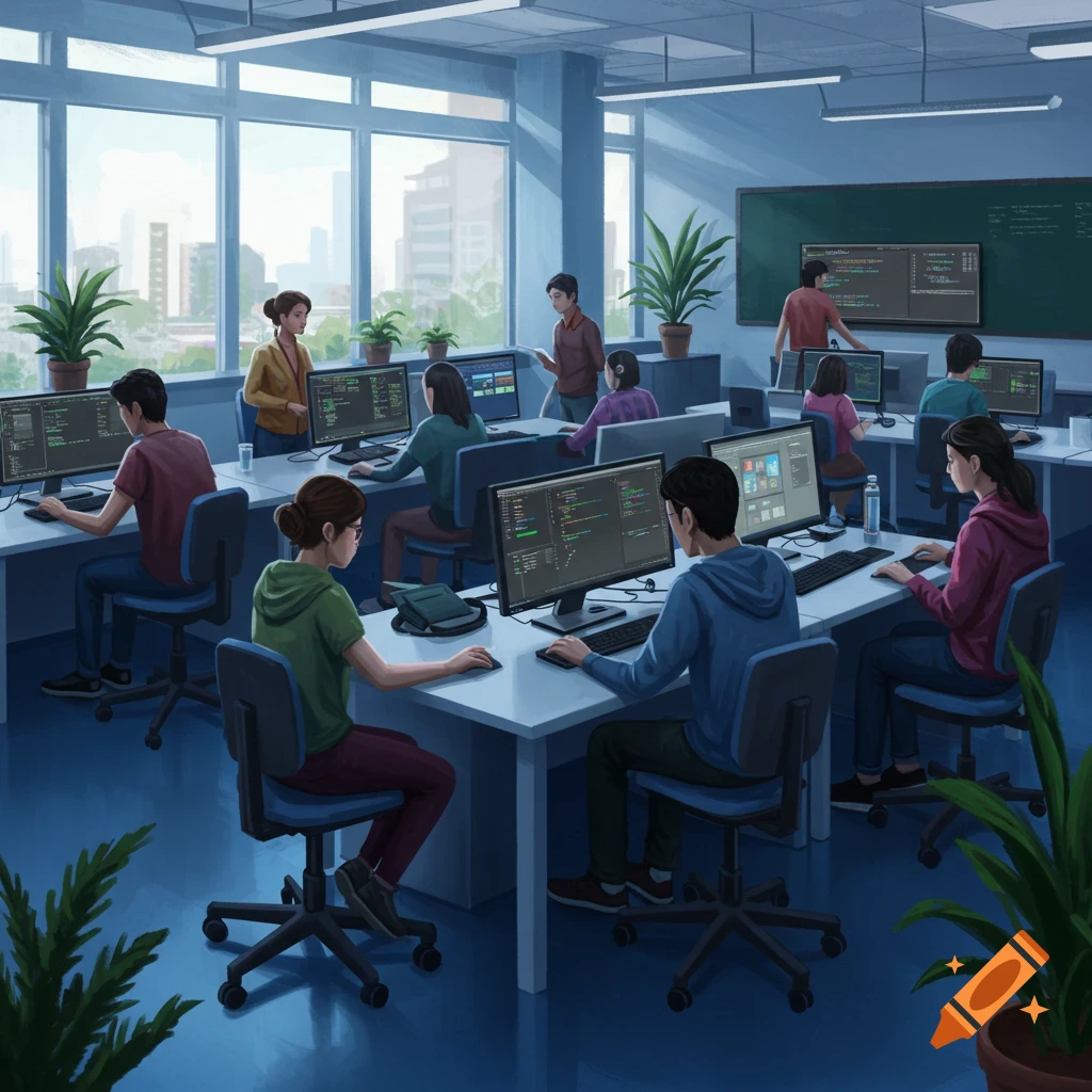 An illustrative digital painting of a computer lab with several students working on desktop computers, some looking at screens displaying code-like text, under large windows overlooking a city skyline.