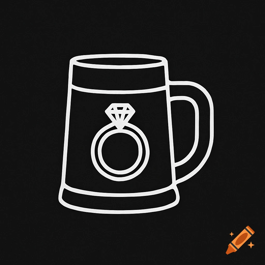 White outline logo of a tavern mug with a diamond engagement ring inside, on a black background.