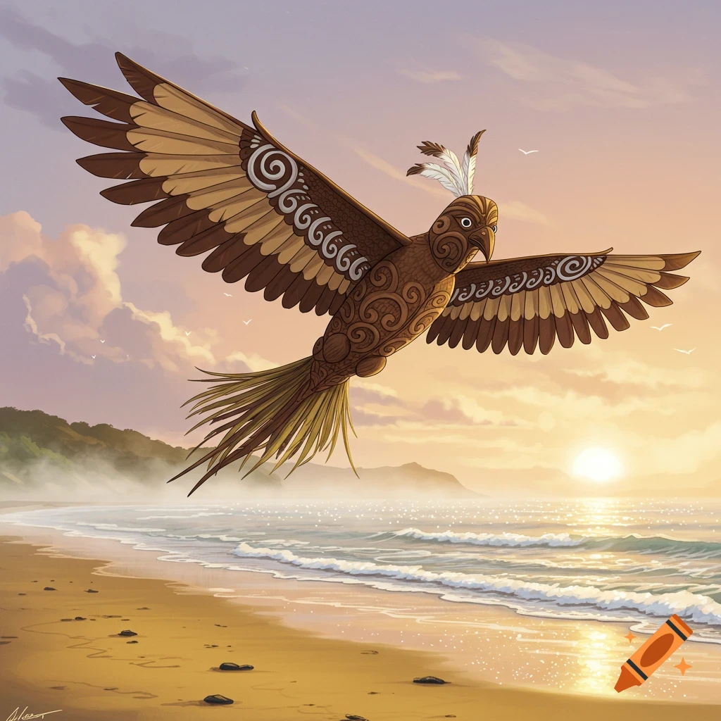 Stylized brown bird with intricate patterns soaring above a sunlit beach at sunset.